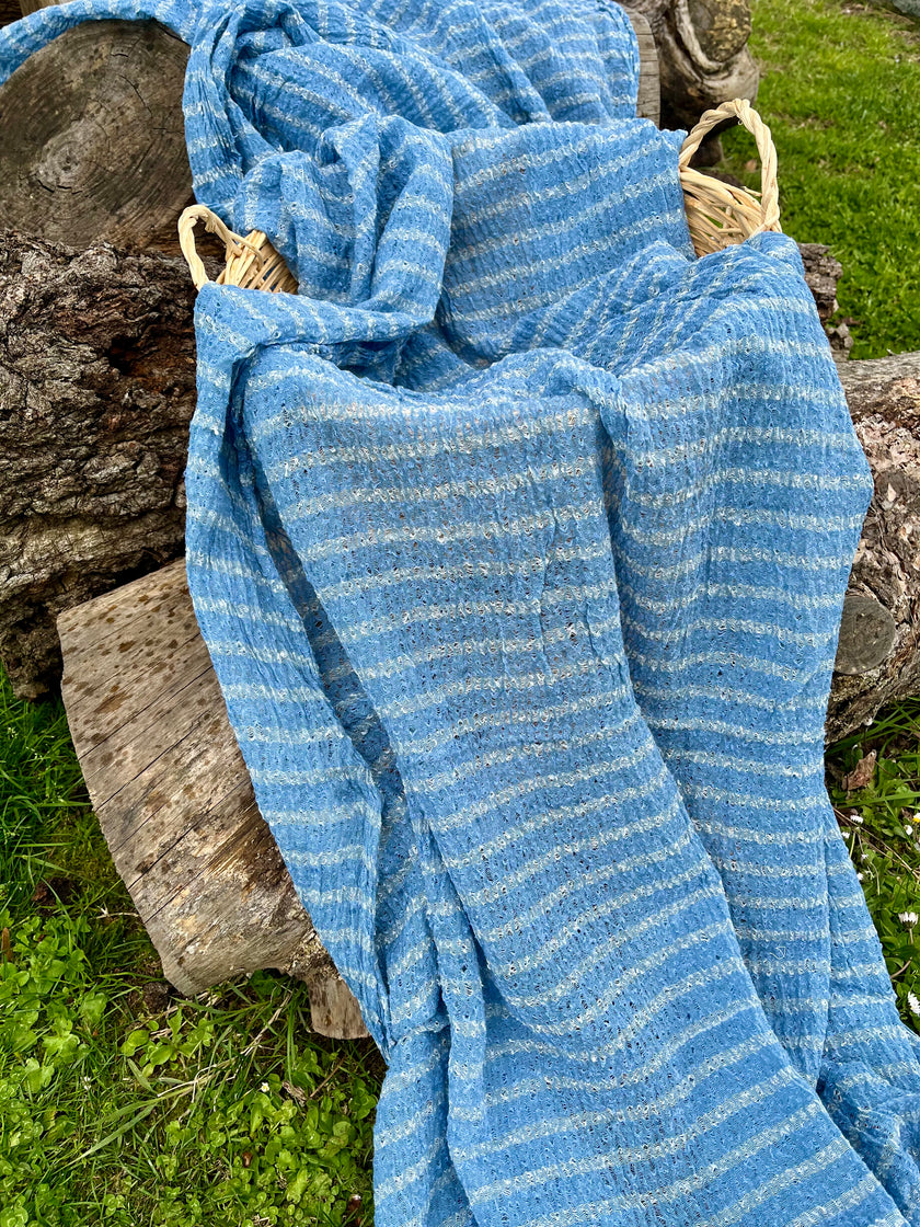 Indigo Blue Textured Sheer Linen Fabric With White Stripes.