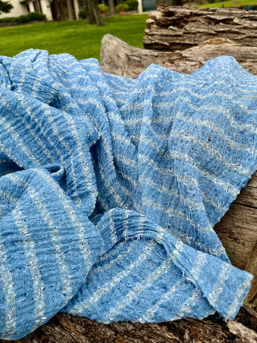 Indigo Blue Textured Sheer Linen Fabric With White Stripes.
