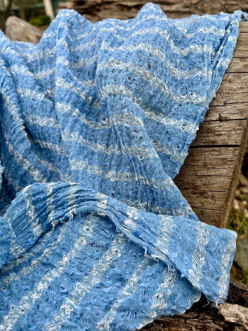 Indigo Blue Textured Sheer Linen Fabric With White Stripes.