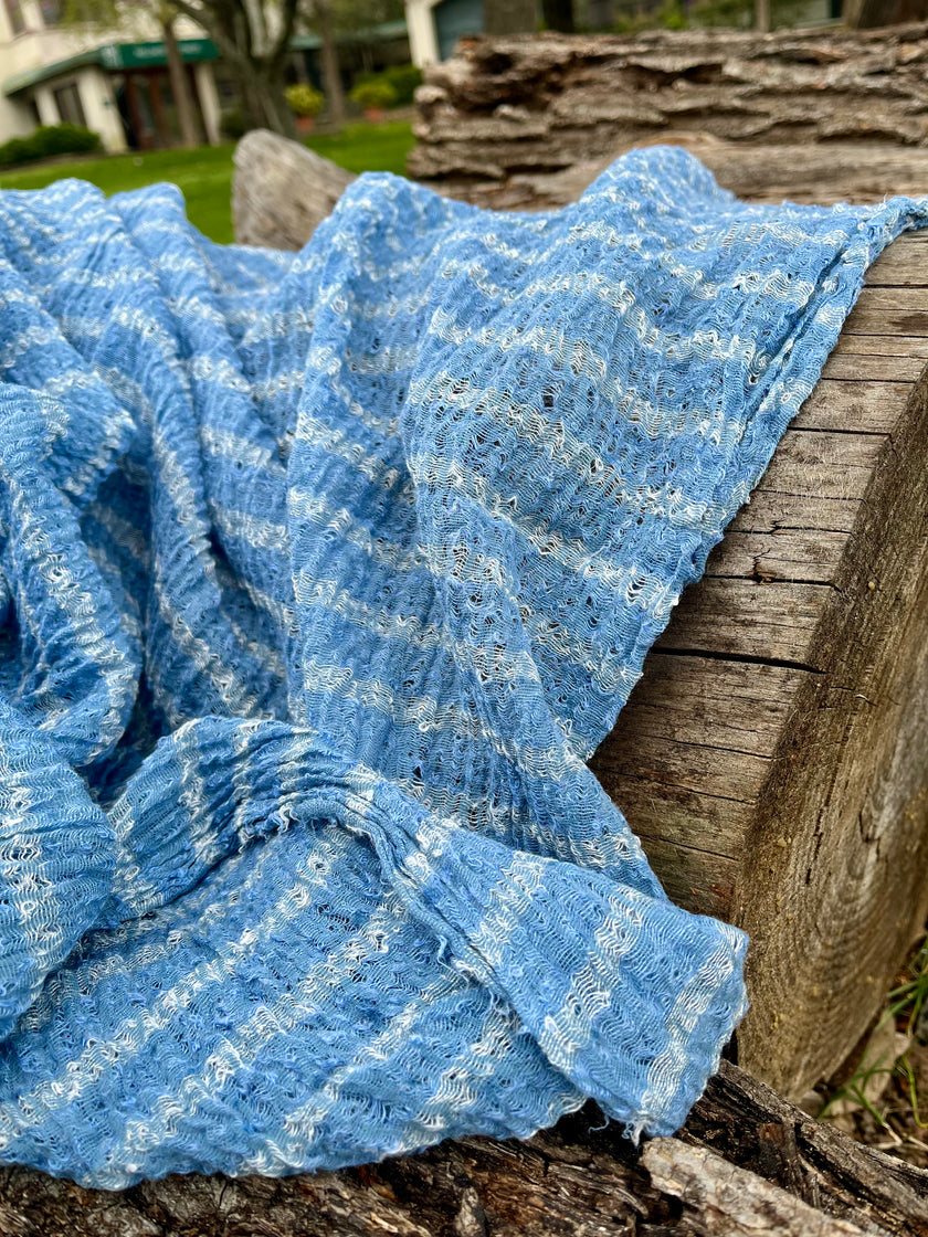 Indigo Blue Textured Sheer Linen Fabric With White Stripes.