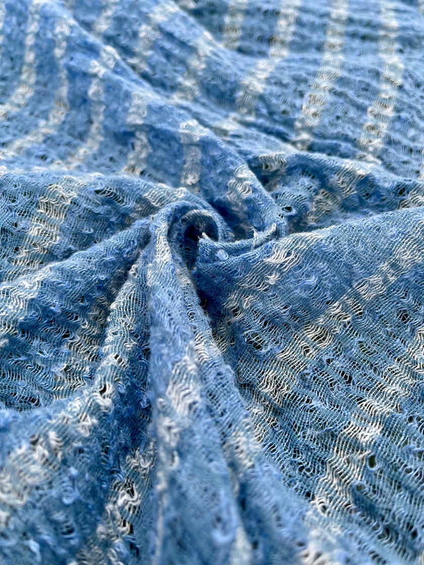 Indigo Blue Textured Sheer Linen Fabric With White Stripes.