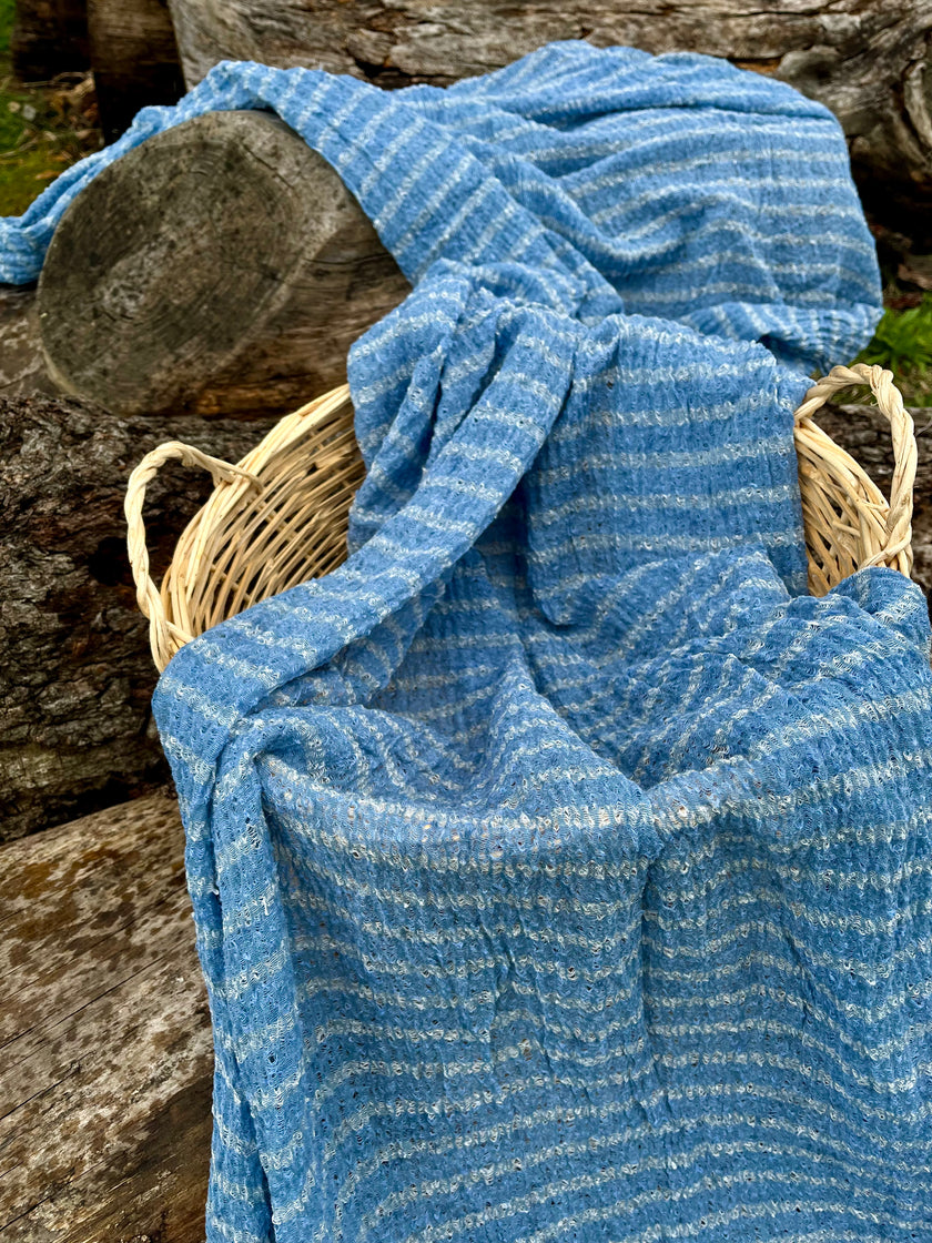 Indigo Blue Textured Sheer Linen Fabric With White Stripes.