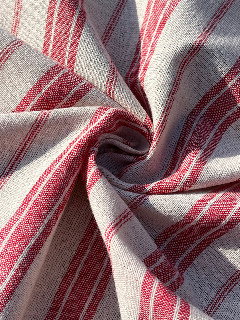 Kırmızı Çizgili Ağır Ağırlık Yumuşatılmış Keten Pamuklu Kumaş Metre 200g/m2 - Döşemelik Çizgili Fransız Stili - Doğal Döşemelik Kumaşlar 235 CM Genişlik