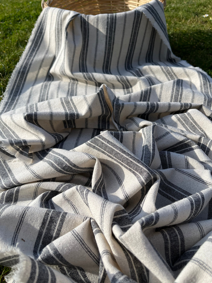 Ağır Ağırlıklı Yumuşatılmış Keten Pamuklu Kumaş Metre Başına 200g/m2 - Döşemelik Çizgili Fransız Stili - Doğal Döşemelik Kumaşlar 235 CM Genişlik.