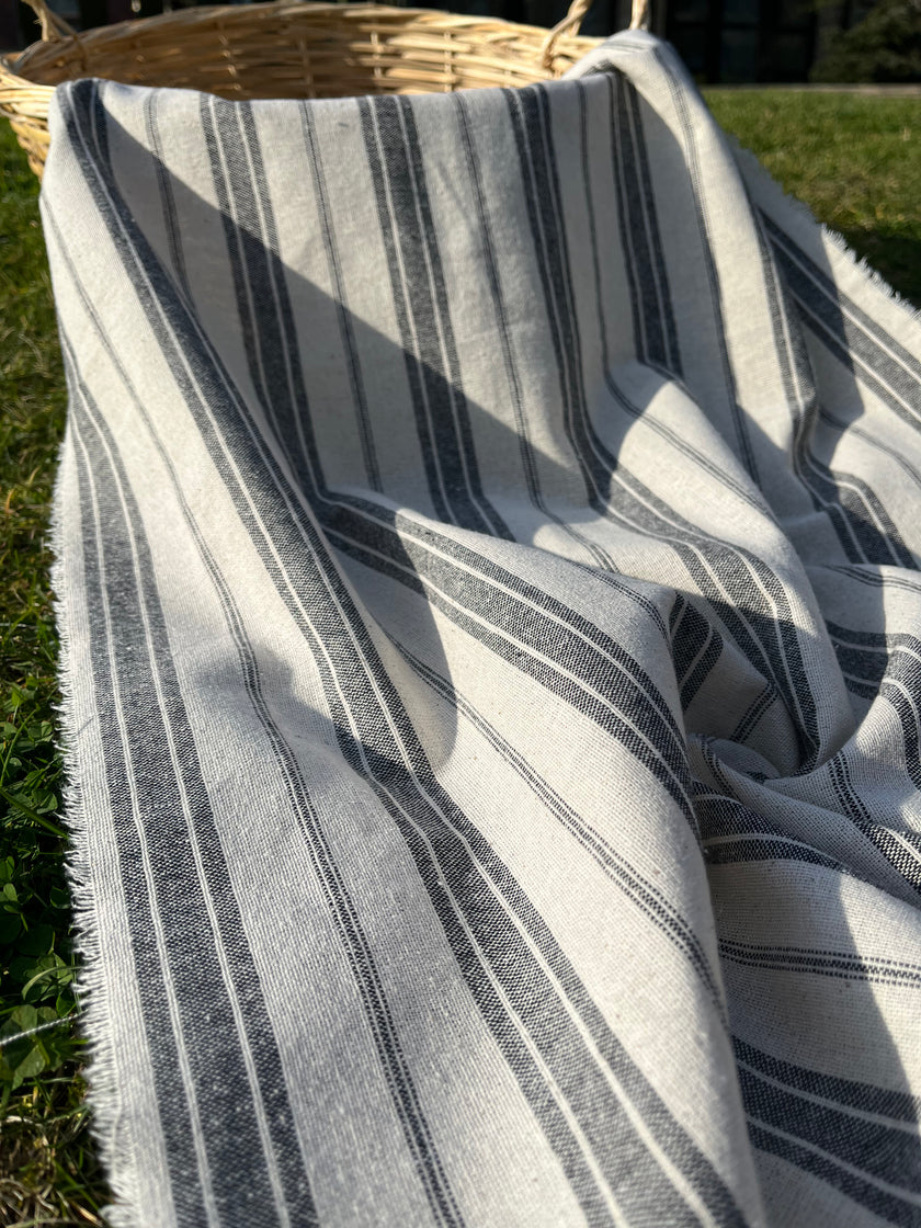 Ağır Ağırlıklı Yumuşatılmış Keten Pamuklu Kumaş Metre Başına 200g/m2 - Döşemelik Çizgili Fransız Stili - Doğal Döşemelik Kumaşlar 235 CM Genişlik.