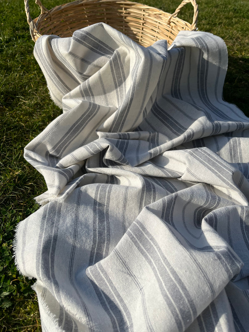 Ağır Ağırlıklı Yumuşatılmış Keten Pamuklu Kumaş Metre Başına 200g/m2 - Döşemelik Çizgili Fransız Stili - Doğal Döşemelik Kumaşlar 235 CM Genişlik.