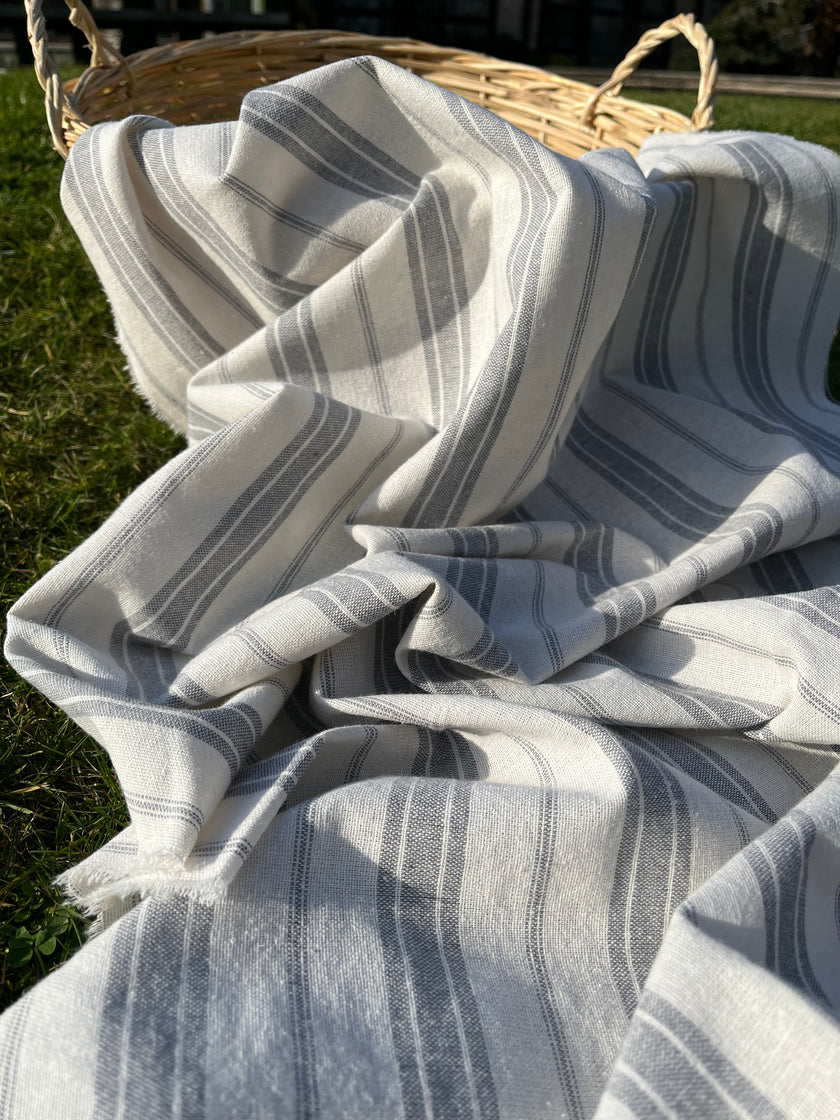 Ağır Ağırlıklı Yumuşatılmış Keten Pamuklu Kumaş Metre Başına 200g/m2 - Döşemelik Çizgili Fransız Stili - Doğal Döşemelik Kumaşlar 235 CM Genişlik.