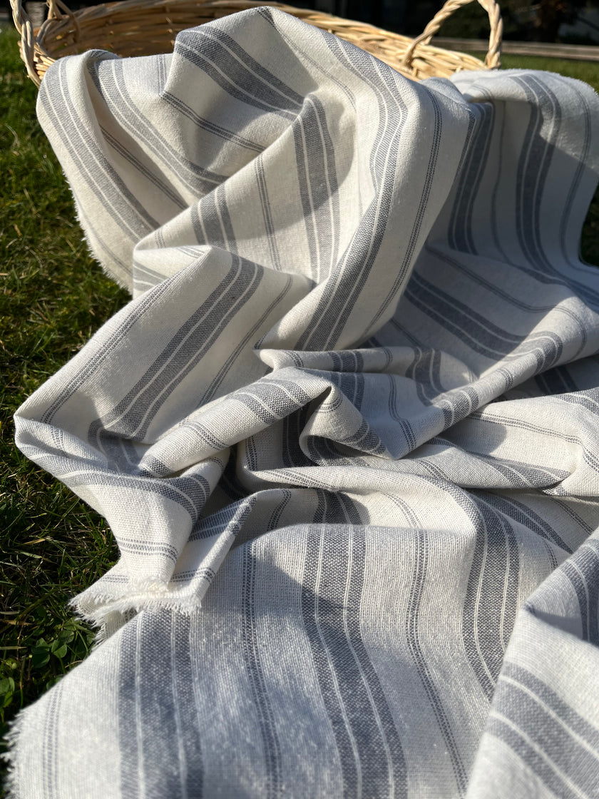 Ağır Ağırlıklı Yumuşatılmış Keten Pamuklu Kumaş Metre Başına 200g/m2 - Döşemelik Çizgili Fransız Stili - Doğal Döşemelik Kumaşlar 235 CM Genişlik.