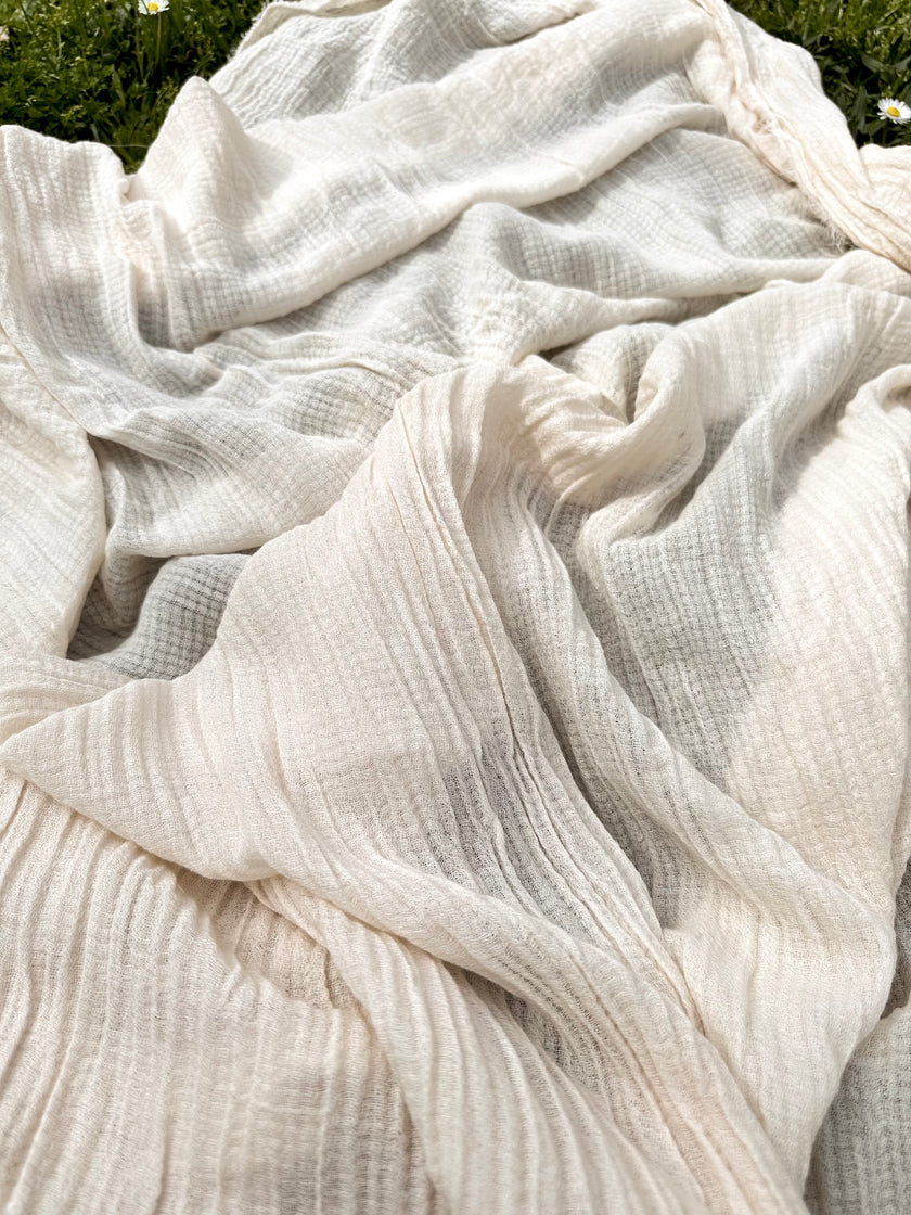 Hollow Mesh Organik Pamuklu Kumaş, Bej Beyaz Balıksırtı Desenli Şeffaf Kırışık Şeffaf Pamuklu Kumaş