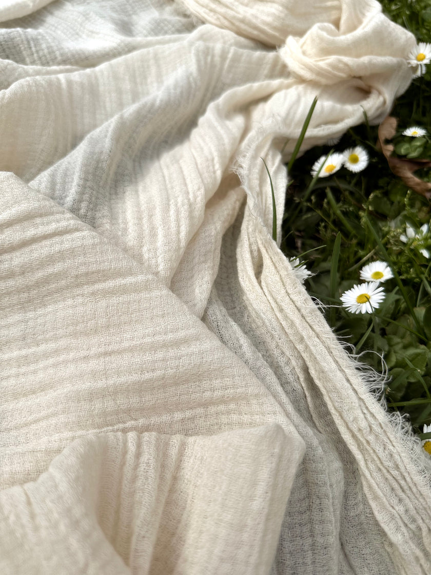 Hollow Mesh Organik Pamuklu Kumaş, Bej Beyaz Balıksırtı Desenli Şeffaf Kırışık Şeffaf Pamuklu Kumaş