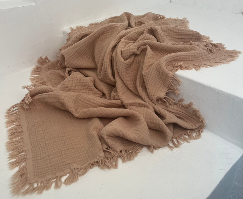 Organic Muslin Baby Blanket – 140x100cm Double Layered, Undyed Cotton, Newborn Swaddle with Fringed Edges – Light Pink, Blue, Sage, Biscuit