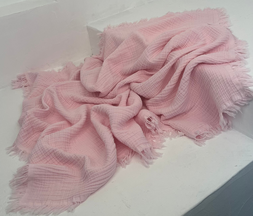 Organic Muslin Baby Blanket – 140x100cm Double Layered, Undyed Cotton, Newborn Swaddle with Fringed Edges – Light Pink, Blue, Sage, Biscuit