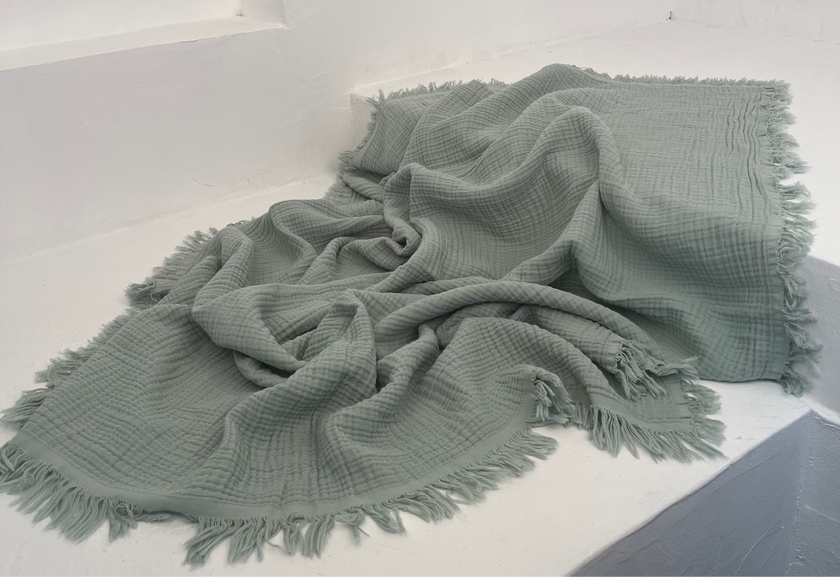 Organic Muslin Baby Blanket – 140x100cm Double Layered, Undyed Cotton, Newborn Swaddle with Fringed Edges – Light Pink, Blue, Sage, Biscuit
