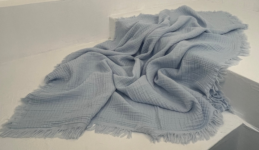 Organic Muslin Baby Blanket – 140x100cm Double Layered, Undyed Cotton, Newborn Swaddle with Fringed Edges – Light Pink, Blue, Sage, Biscuit