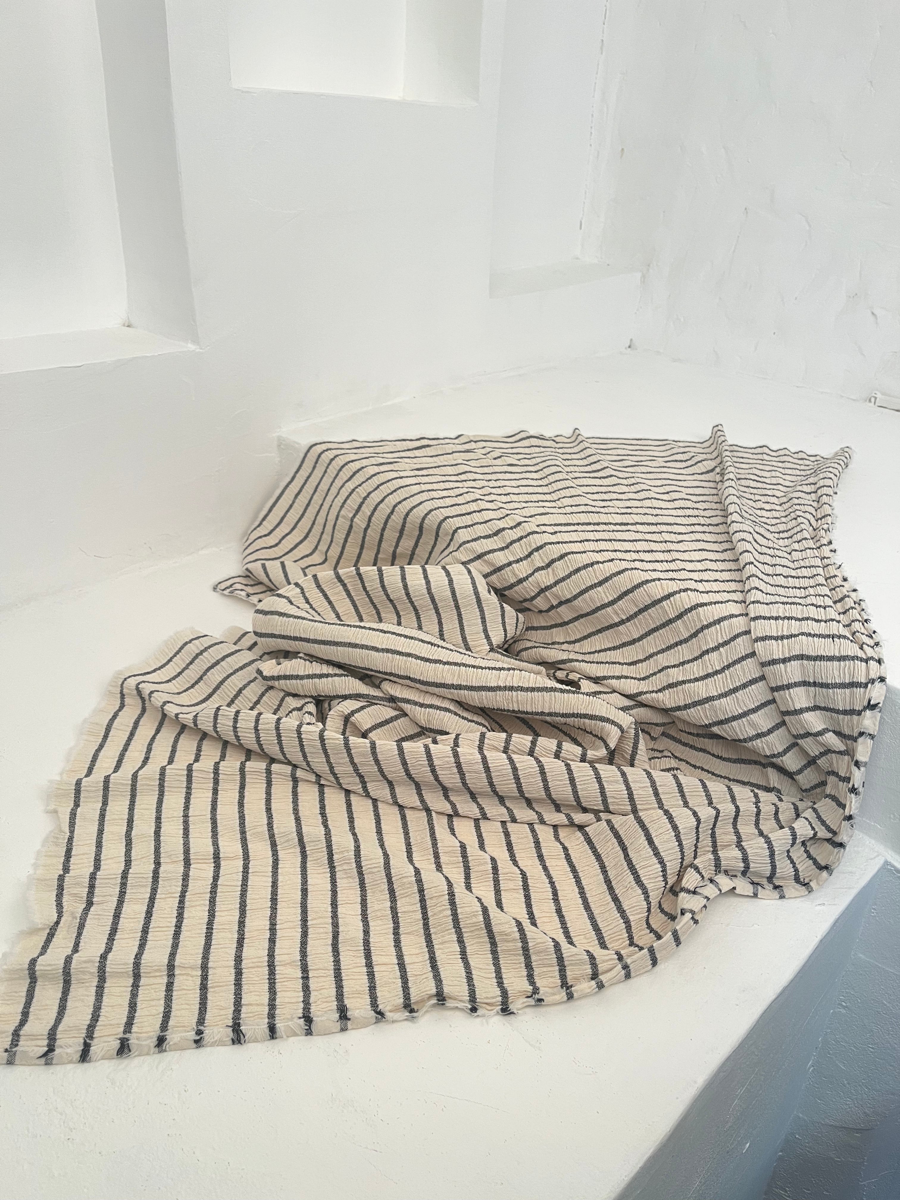 Unbleached Neutral Ivory Colour Black Striped Crinkle Gauze Fabric, Sile Cloth. Sile Fabric.