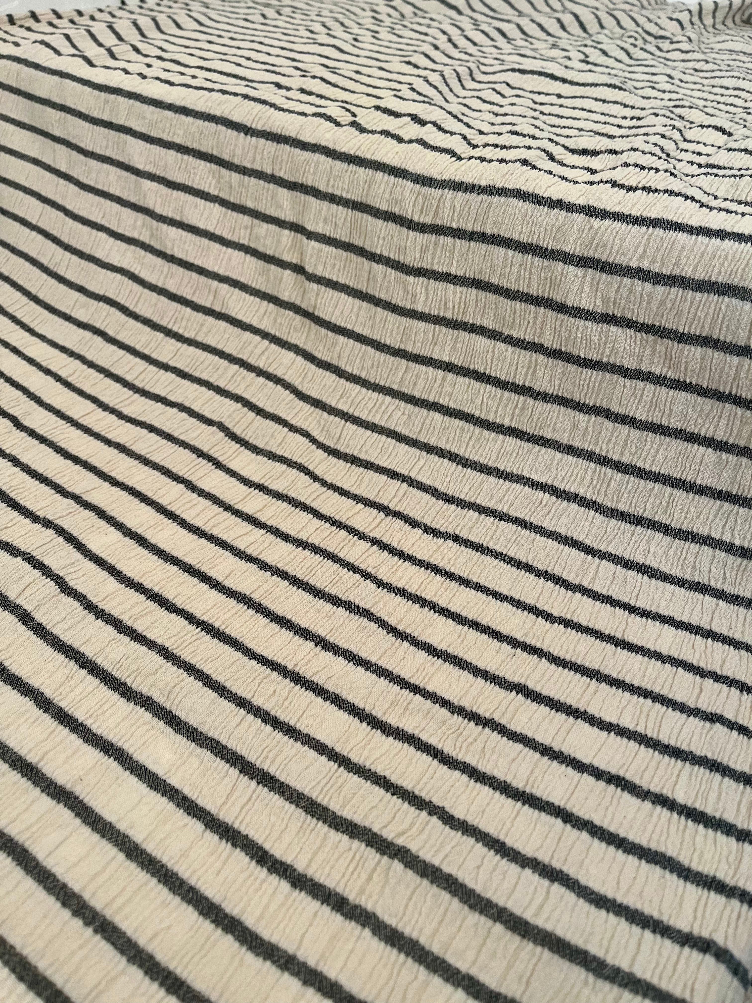 Unbleached Neutral Ivory Colour Black Striped Crinkle Gauze Fabric, Sile Cloth. Sile Fabric.
