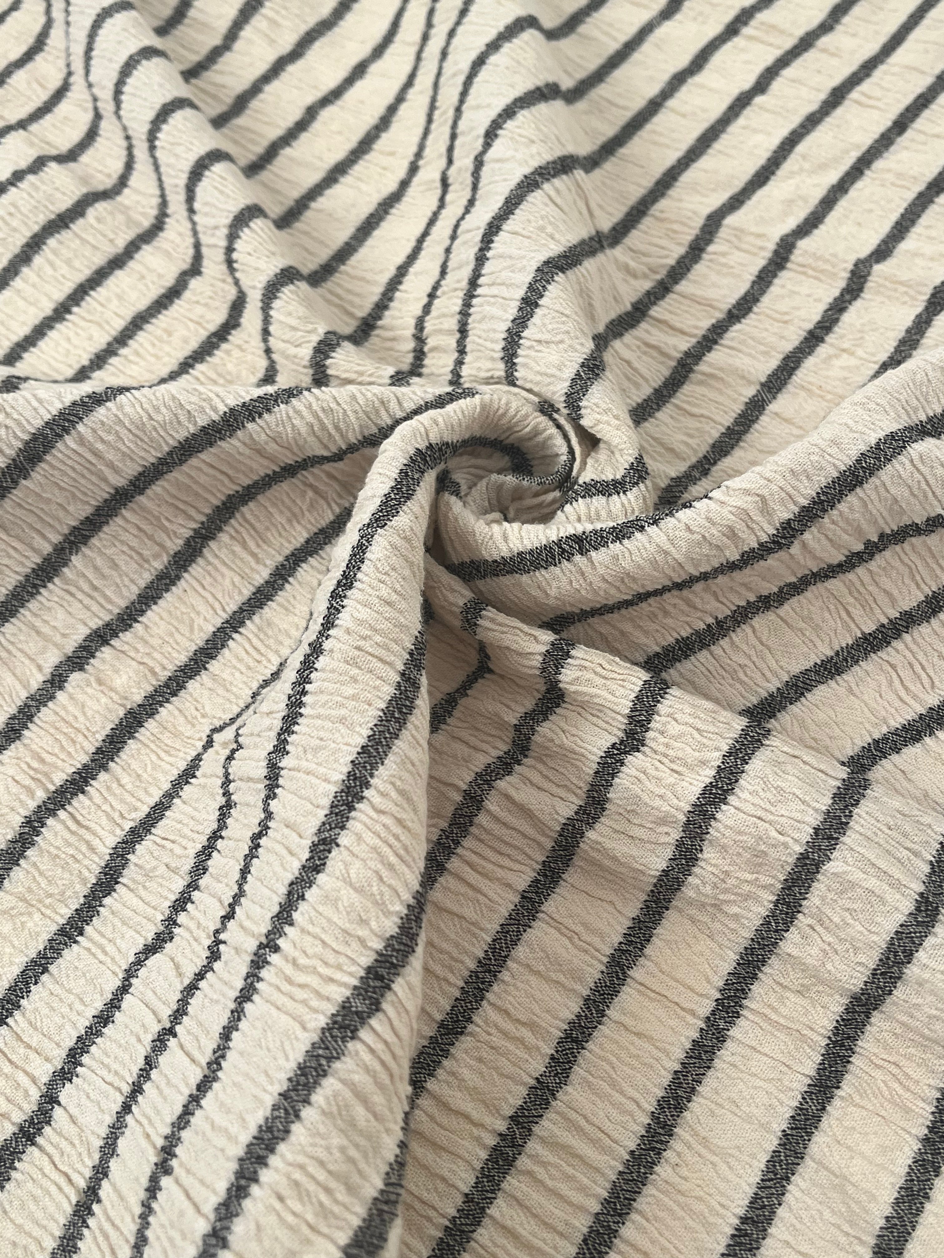 Unbleached Neutral Ivory Colour Black Striped Crinkle Gauze Fabric, Sile Cloth. Sile Fabric.