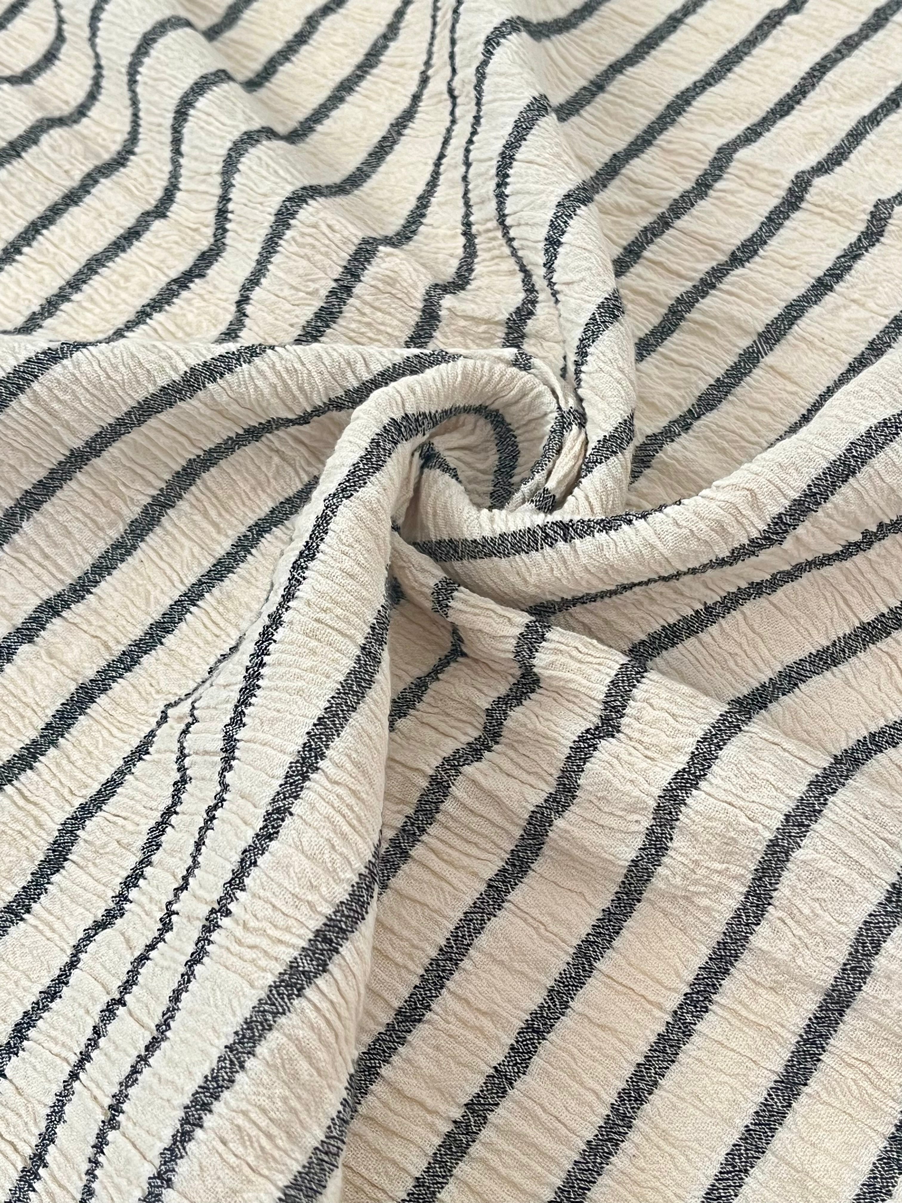 Unbleached Neutral Ivory Colour Black Striped Crinkle Gauze Fabric, Sile Cloth. Sile Fabric.