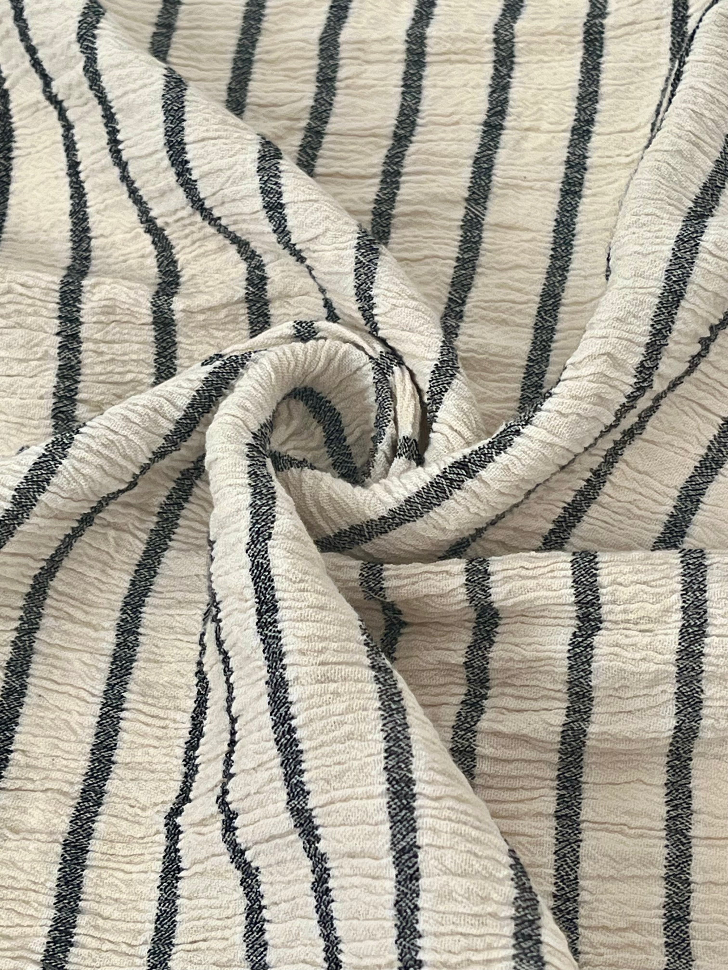 Unbleached Neutral Ivory Colour Black Striped Crinkle Gauze Fabric, Sile Cloth. Sile Fabric.