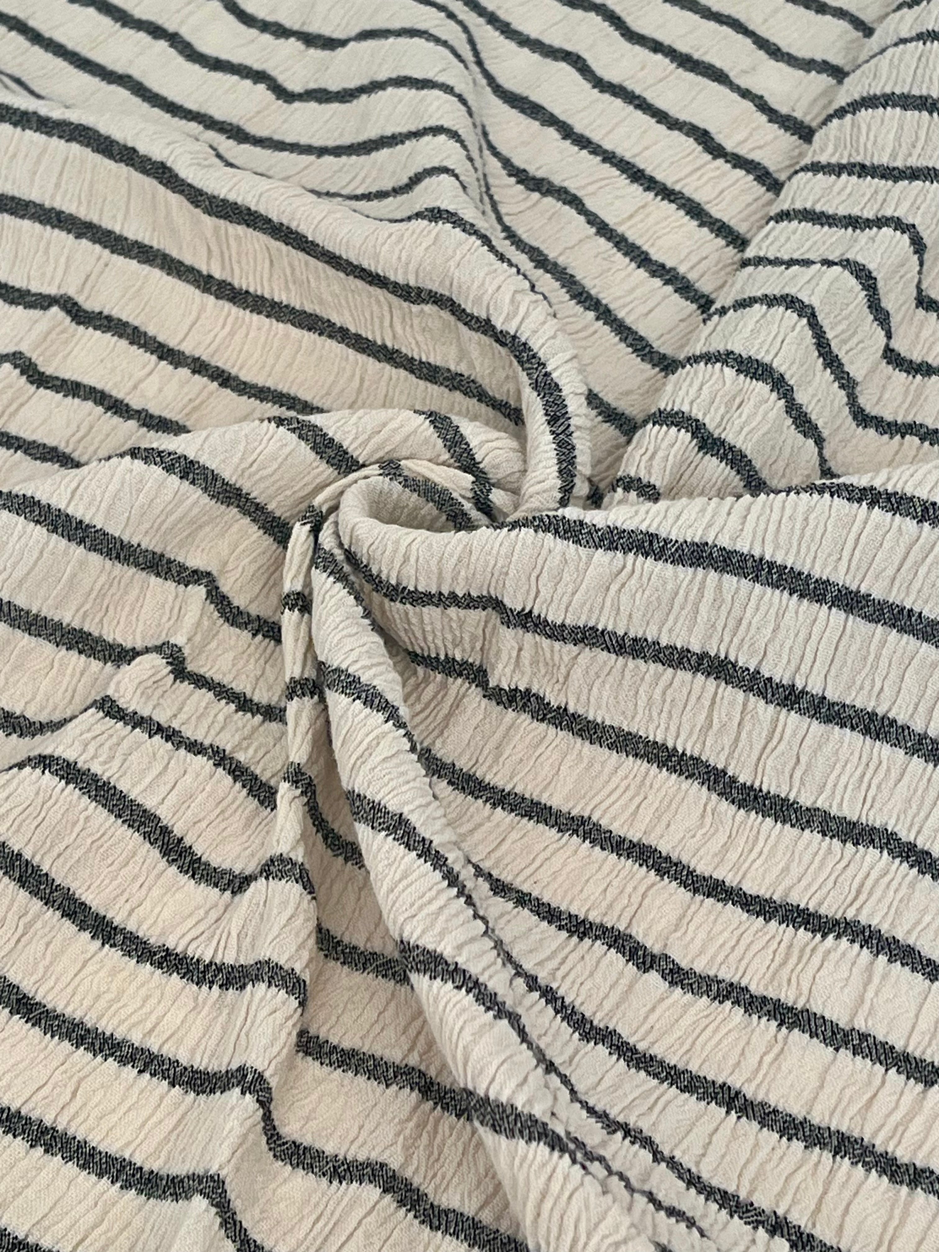 Unbleached Neutral Ivory Colour Black Striped Crinkle Gauze Fabric, Sile Cloth. Sile Fabric.