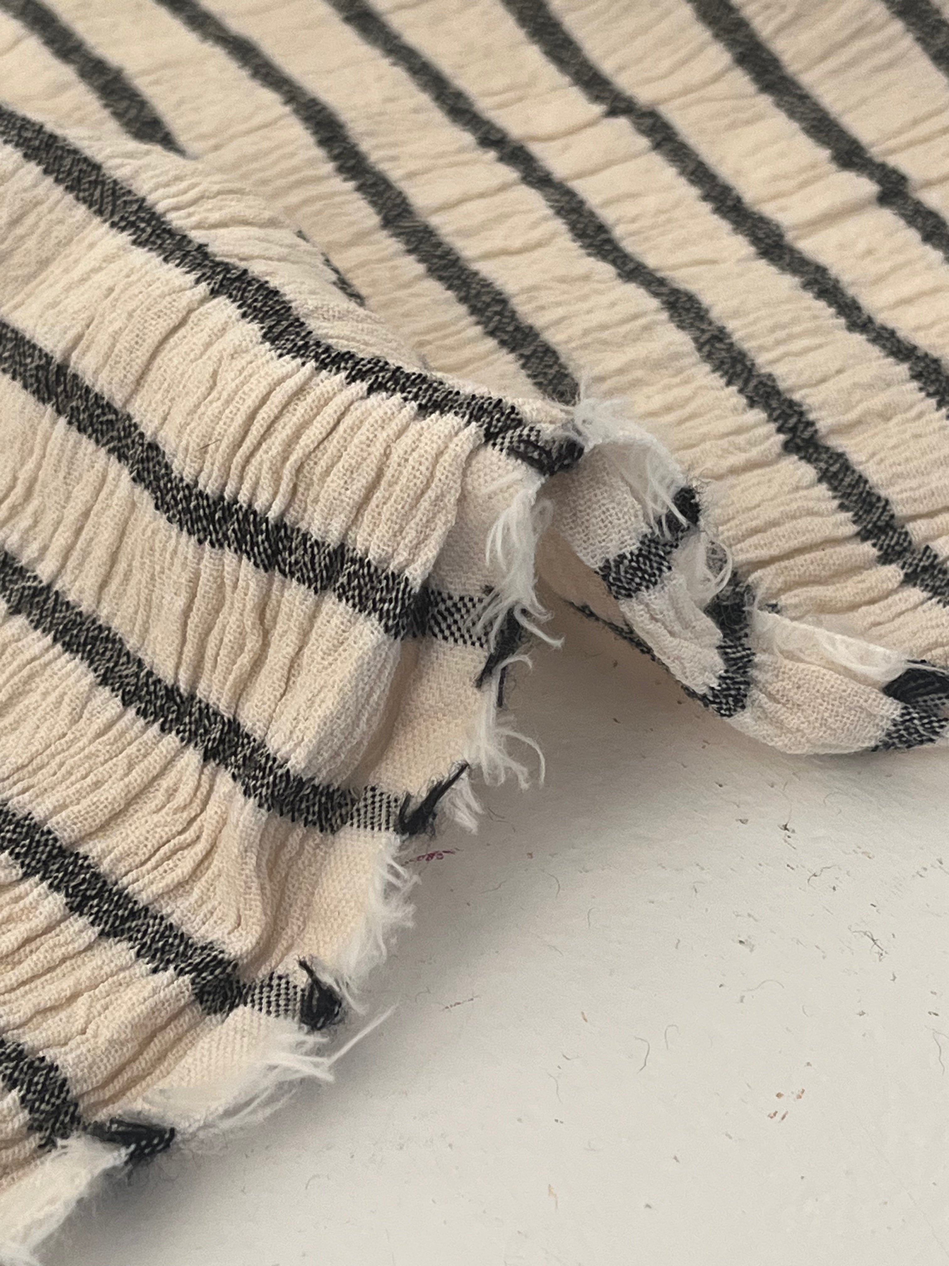 Unbleached Neutral Ivory Colour Black Striped Crinkle Gauze Fabric, Sile Cloth. Sile Fabric.