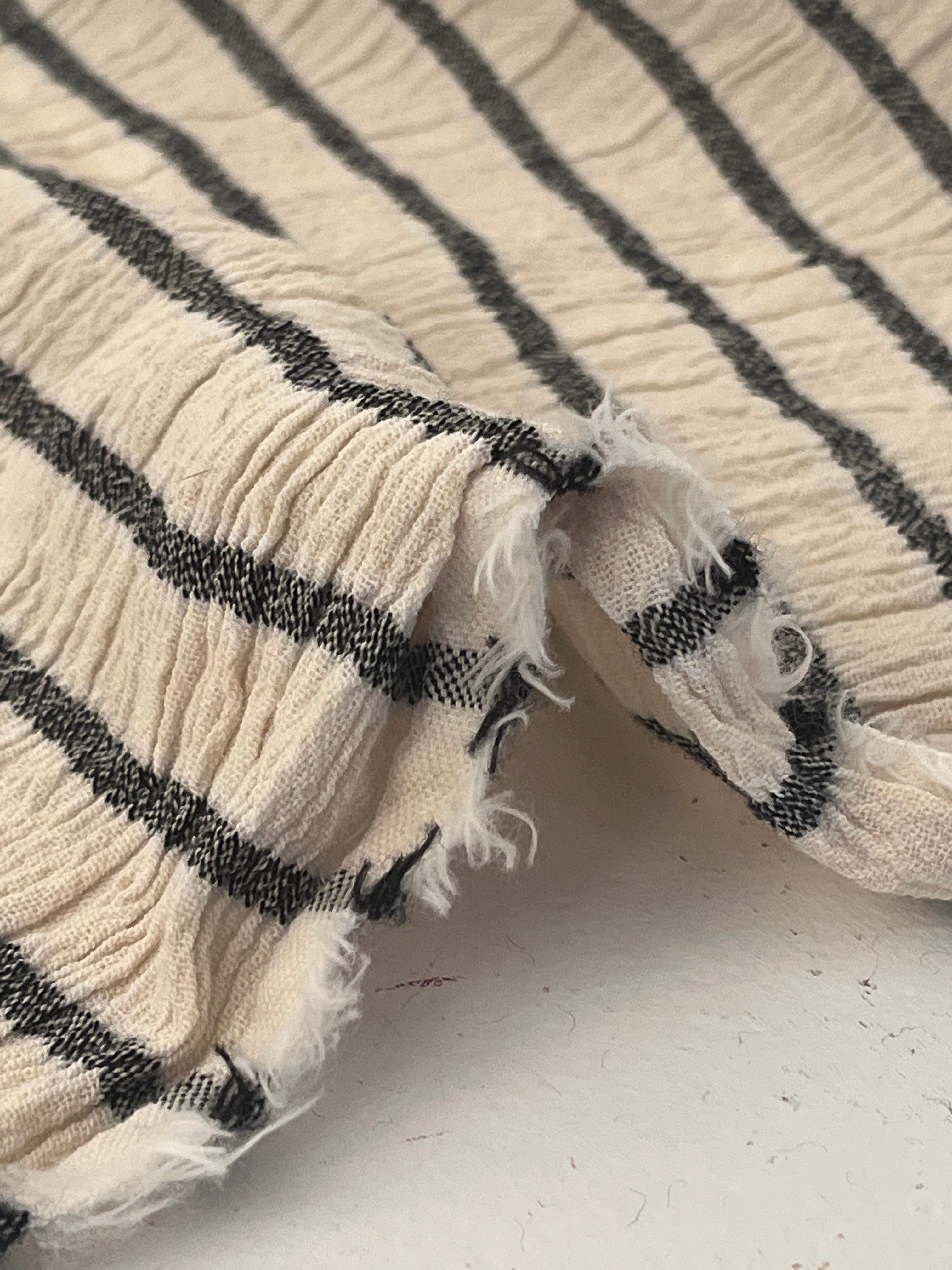 Unbleached Neutral Ivory Colour Black Striped Crinkle Gauze Fabric, Sile Cloth. Sile Fabric.