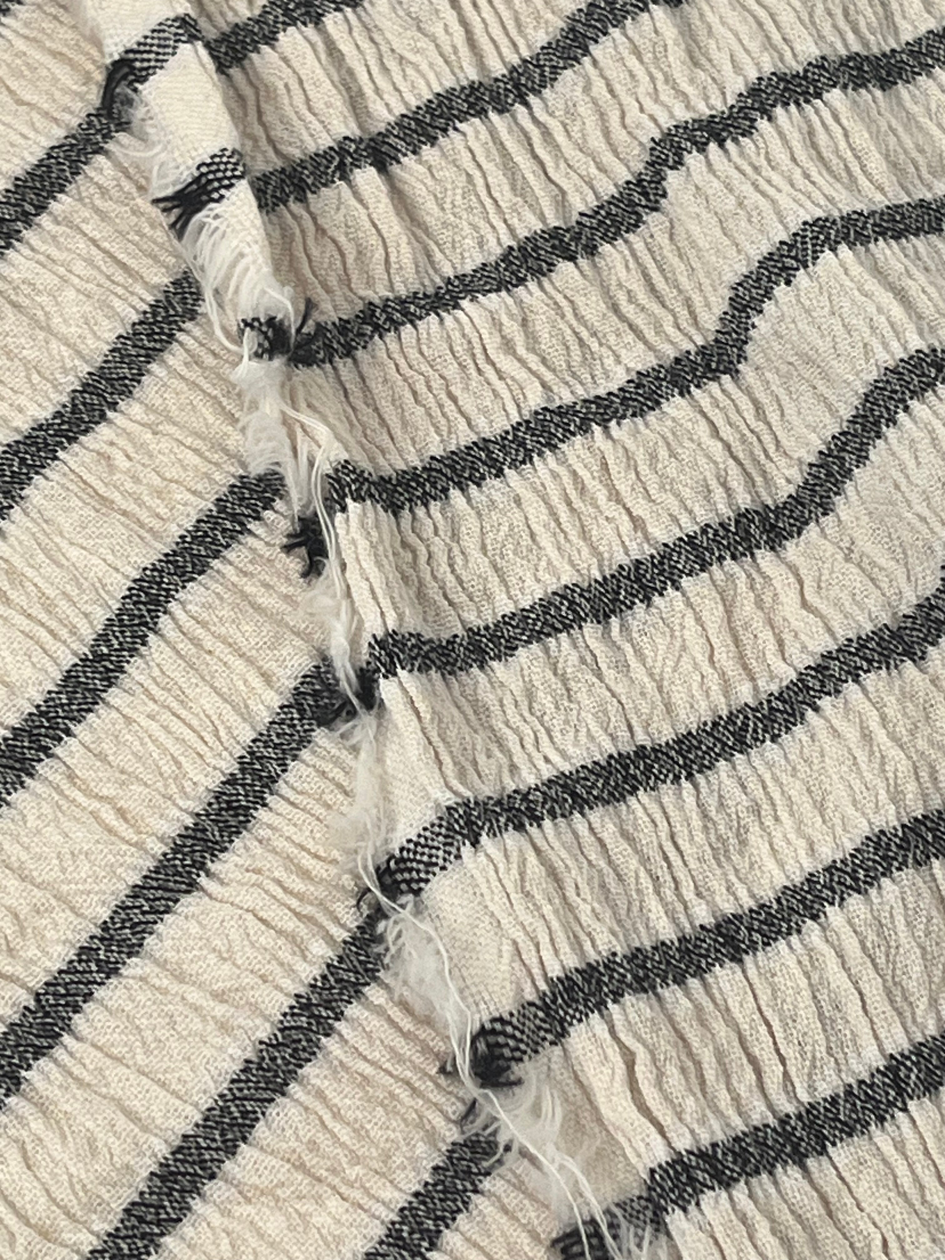 Unbleached Neutral Ivory Colour Black Striped Crinkle Gauze Fabric, Sile Cloth. Sile Fabric.