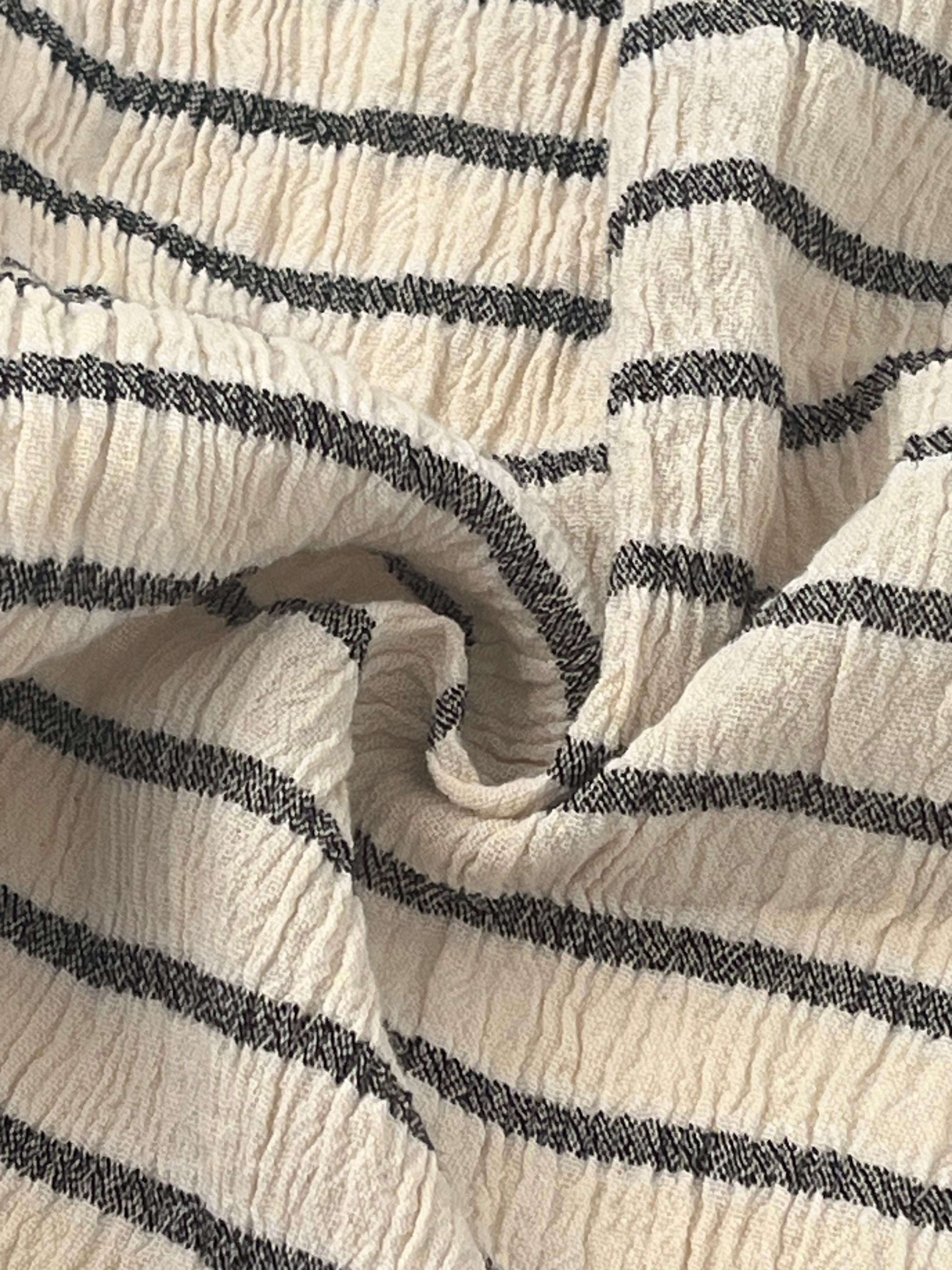 Unbleached Neutral Ivory Colour Black Striped Crinkle Gauze Fabric, Sile Cloth. Sile Fabric.