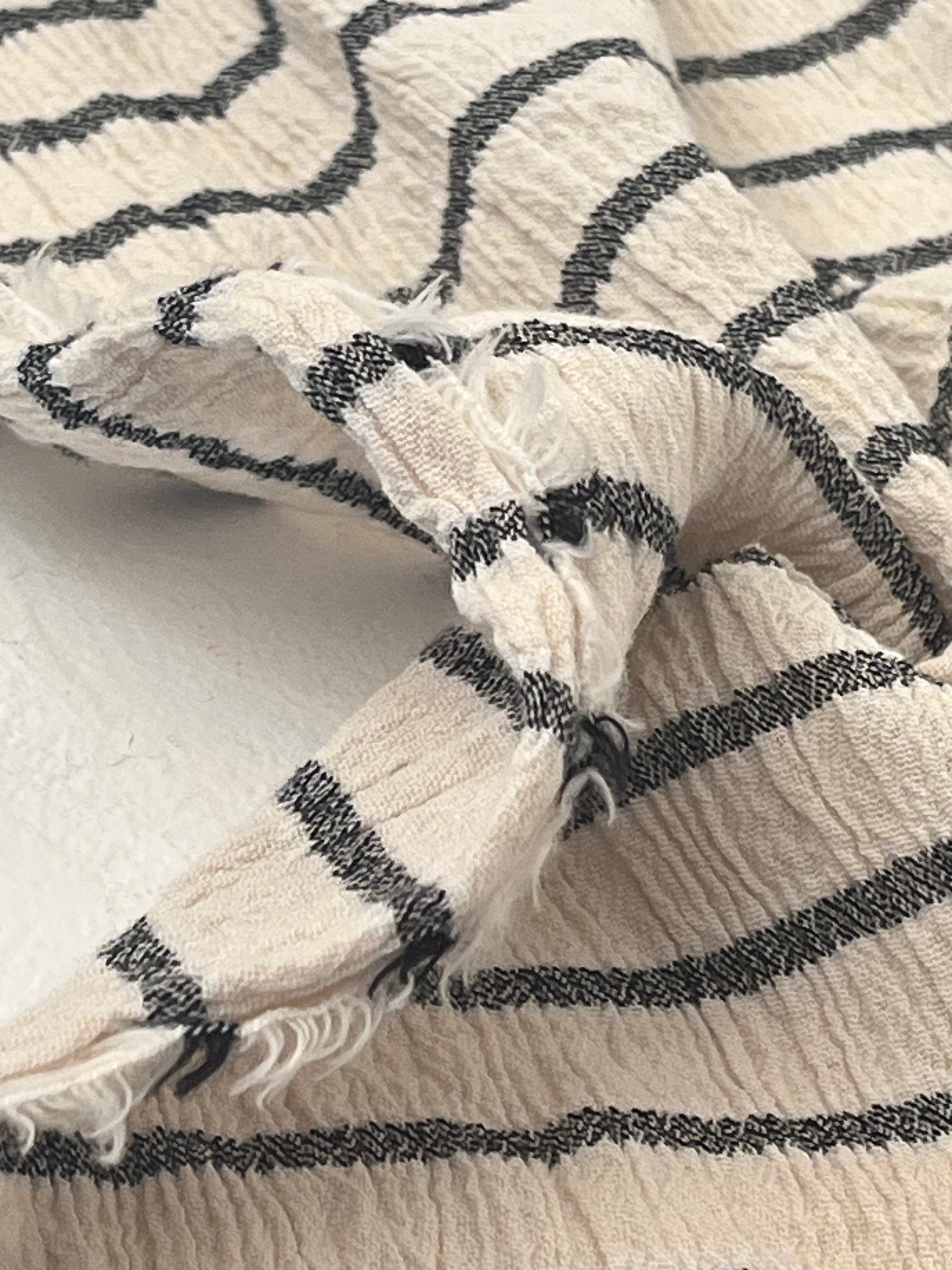 Unbleached Neutral Ivory Colour Black Striped Crinkle Gauze Fabric, Sile Cloth. Sile Fabric.