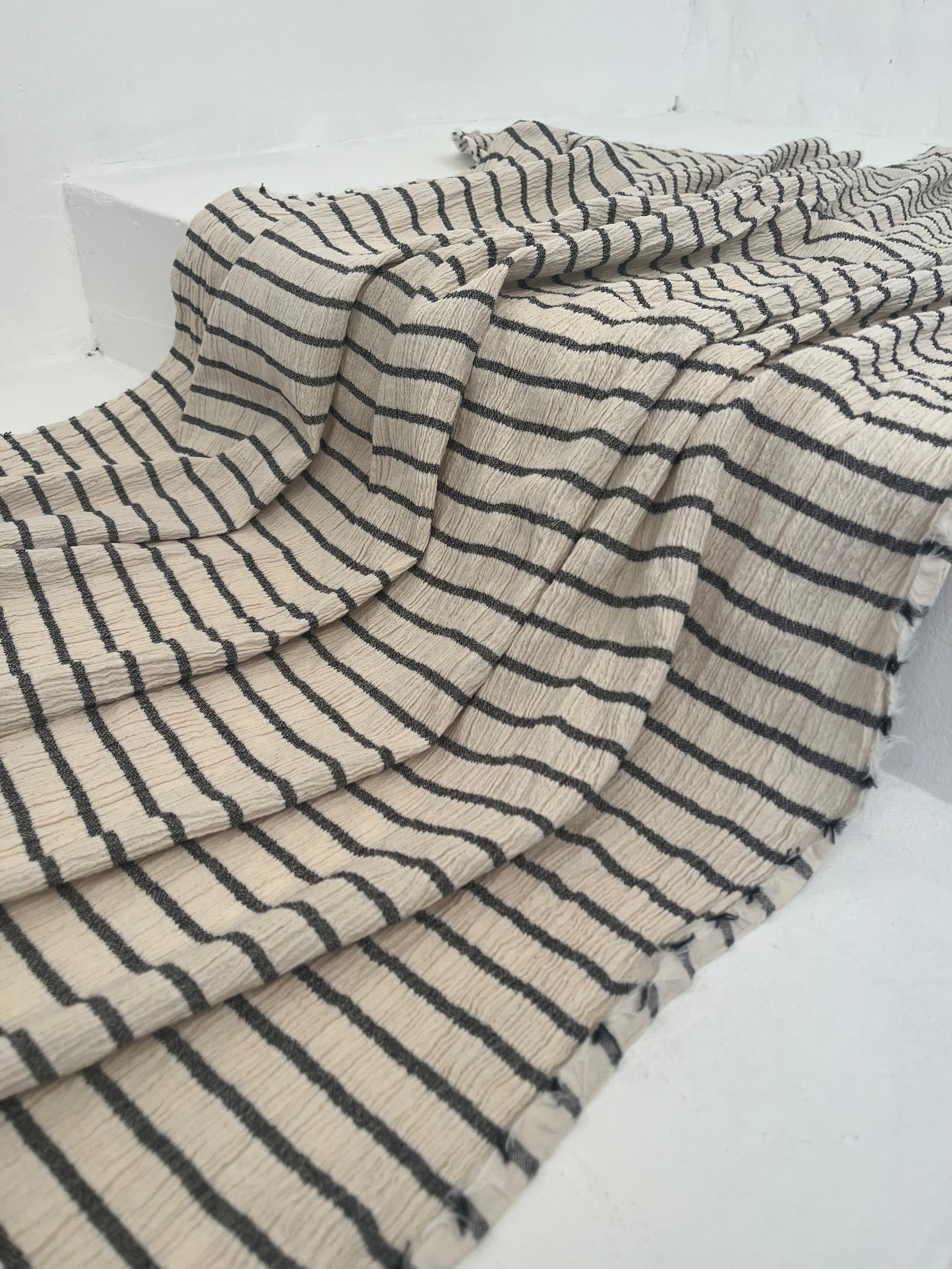 Unbleached Neutral Ivory Colour Black Striped Crinkle Gauze Fabric, Sile Cloth. Sile Fabric.