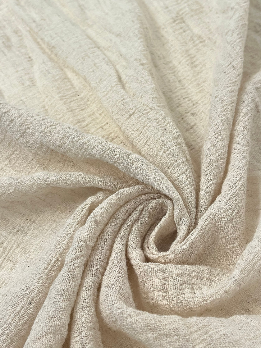 Metre ile Fildişi Ağartılmamış Nötr Organik Pamuklu Kumaş, Buruşuk Kumaş, Geniş En.