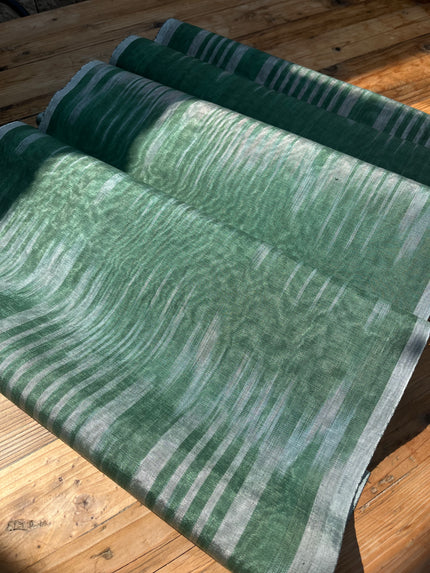 Osmanlı Başlıklı Yeşil İkat Çizgili Lüks İpek Döşeme, Ev Tekstili İç Mekan Kumaşları: Yastık Kılıfları, Kimono Esintili Tasarımlar, Filigran Desenleri.