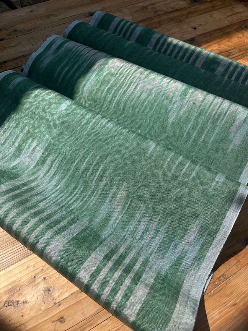 Osmanlı Başlıklı Yeşil İkat Çizgili Lüks İpek Döşeme, Ev Tekstili İç Mekan Kumaşları: Yastık Kılıfları, Kimono Esintili Tasarımlar, Filigran Desenleri.