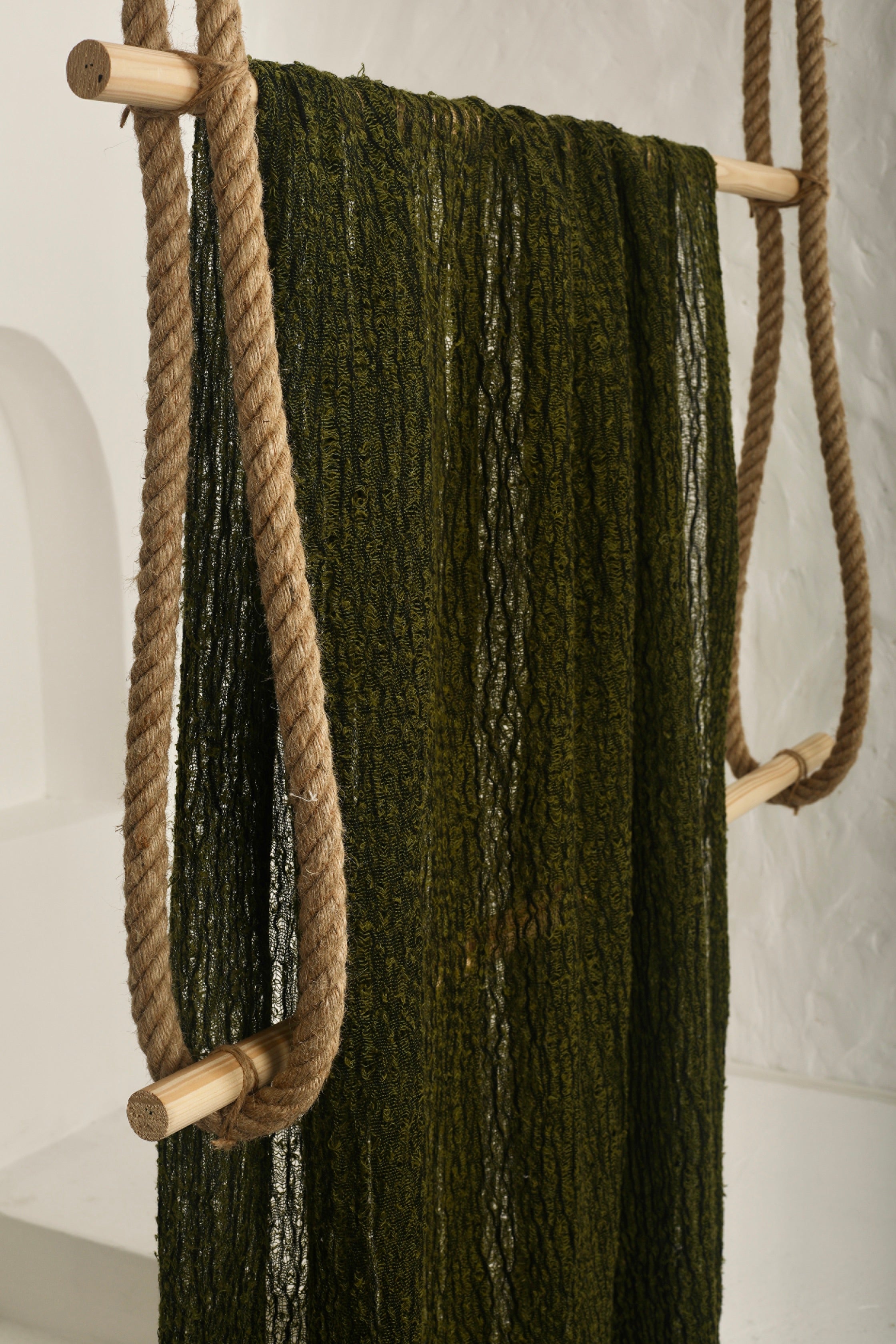 Green Linen Fabric By The Yard Textured Handloom Semi-Sheer Natural Fabrics.