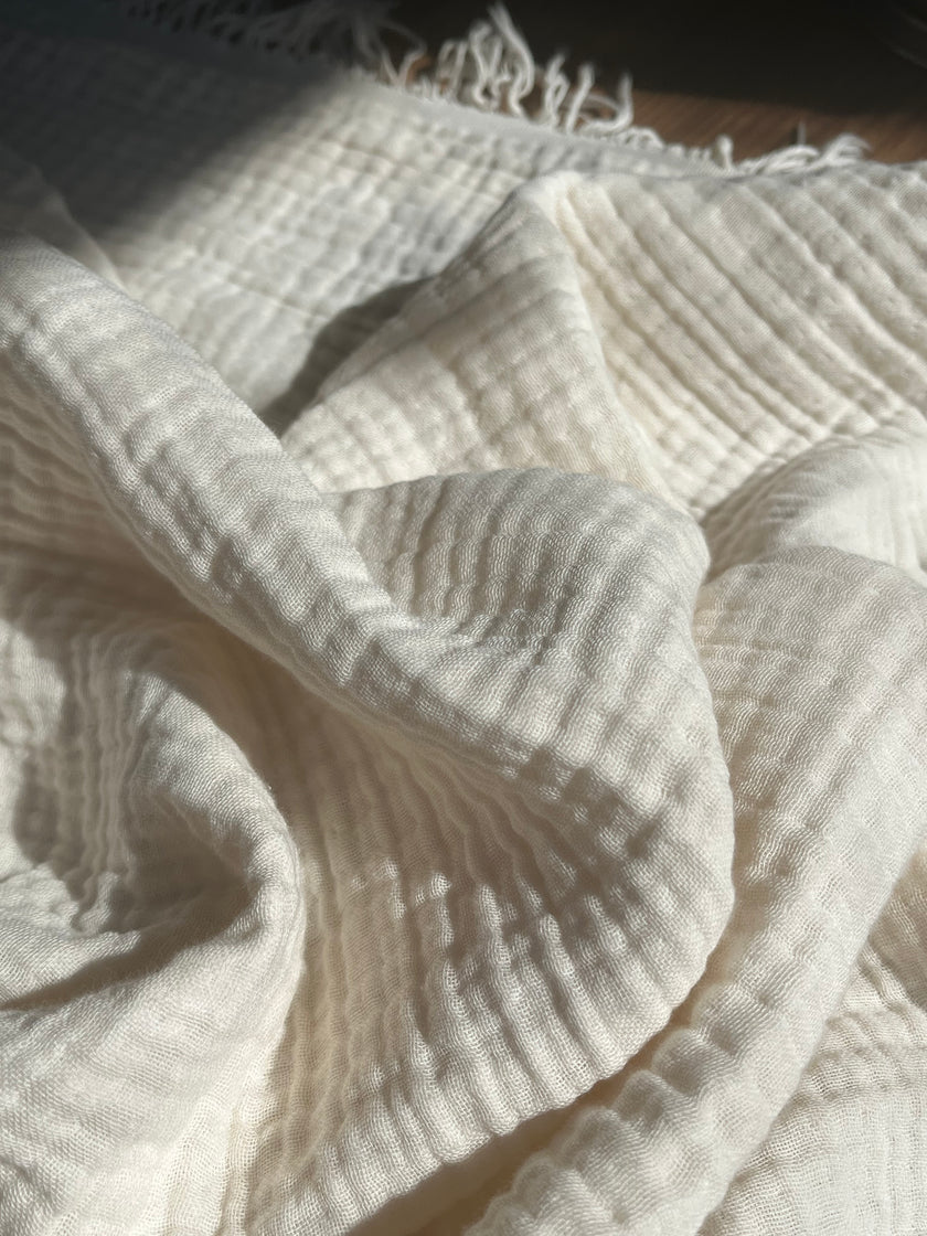 Organic Muslin Baby Blanket – 140x100cm Double Layered, Undyed Cotton, Newborn Swaddle with Fringed Edges – Light Pink, Blue, Sage, Biscuit
