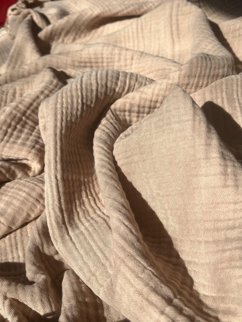 Organic Muslin Baby Blanket – 140x100cm Double Layered, Undyed Cotton, Newborn Swaddle with Fringed Edges – Light Pink, Blue, Sage, Biscuit