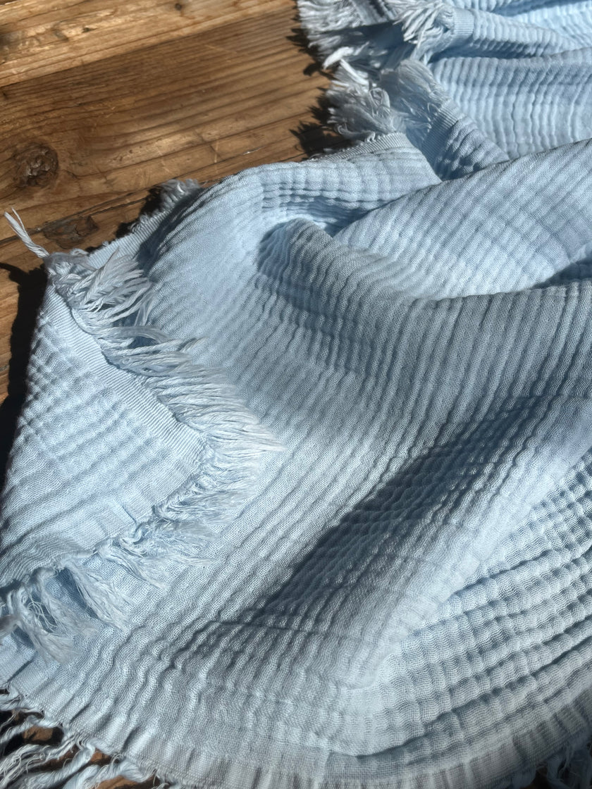 Organic Muslin Baby Blanket – 140x100cm Double Layered, Undyed Cotton, Newborn Swaddle with Fringed Edges – Light Pink, Blue, Sage, Biscuit