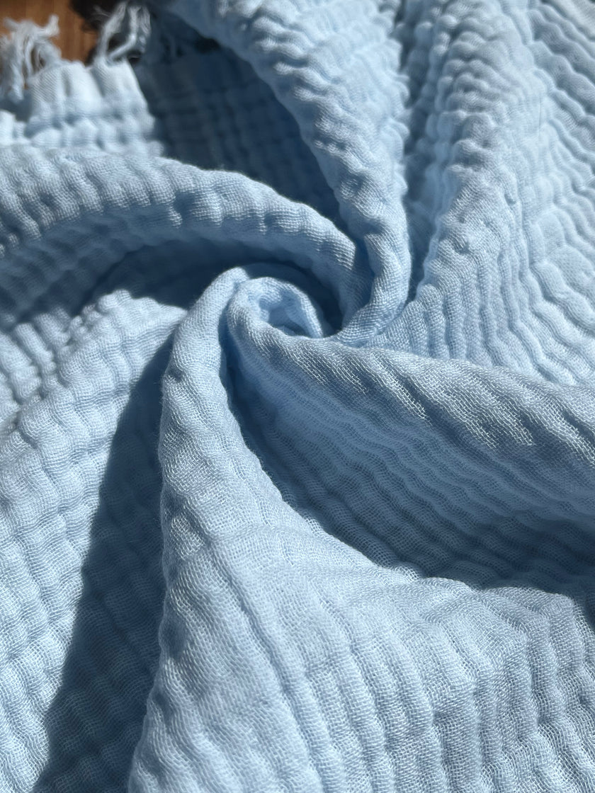 Organic Muslin Baby Blanket – 140x100cm Double Layered, Undyed Cotton, Newborn Swaddle with Fringed Edges – Light Pink, Blue, Sage, Biscuit