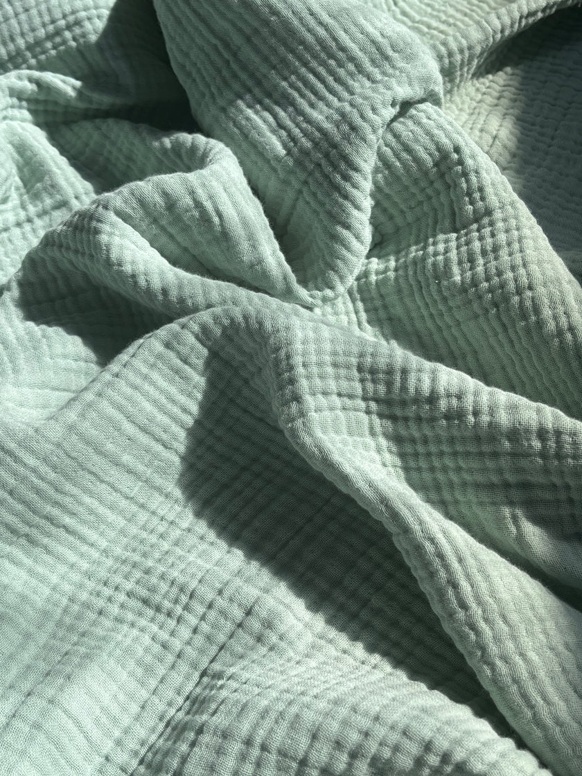 Organic Muslin Baby Blanket – 140x100cm Double Layered, Undyed Cotton, Newborn Swaddle with Fringed Edges – Light Pink, Blue, Sage, Biscuit