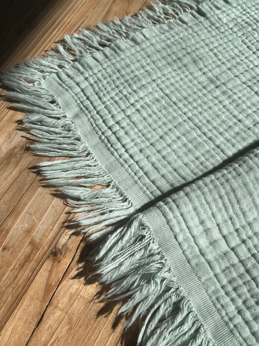 Organic Muslin Baby Blanket – 140x100cm Double Layered, Undyed Cotton, Newborn Swaddle with Fringed Edges – Light Pink, Blue, Sage, Biscuit