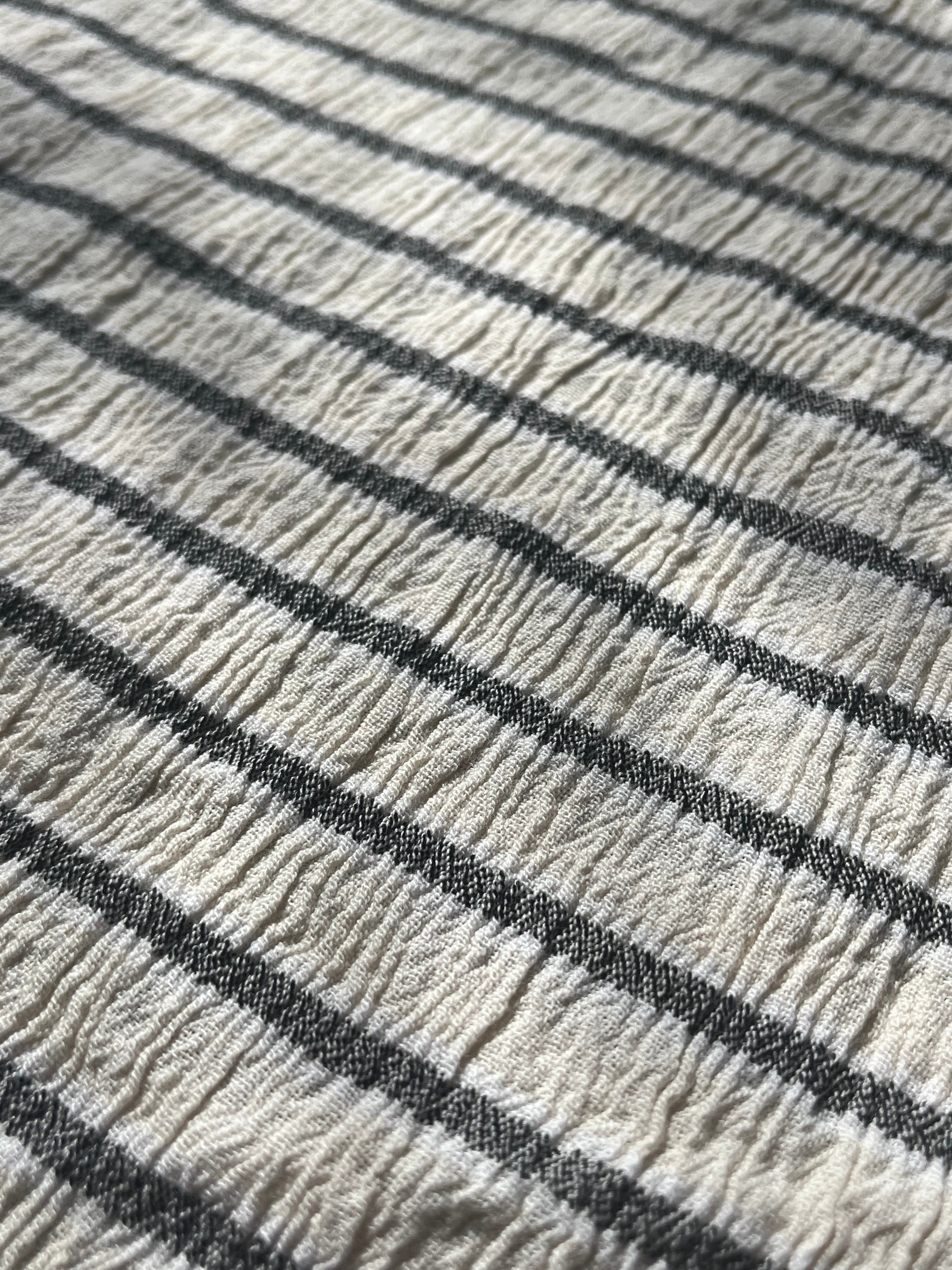 Unbleached Neutral Ivory Colour Black Striped Crinkle Gauze Fabric, Sile Cloth. Sile Fabric.