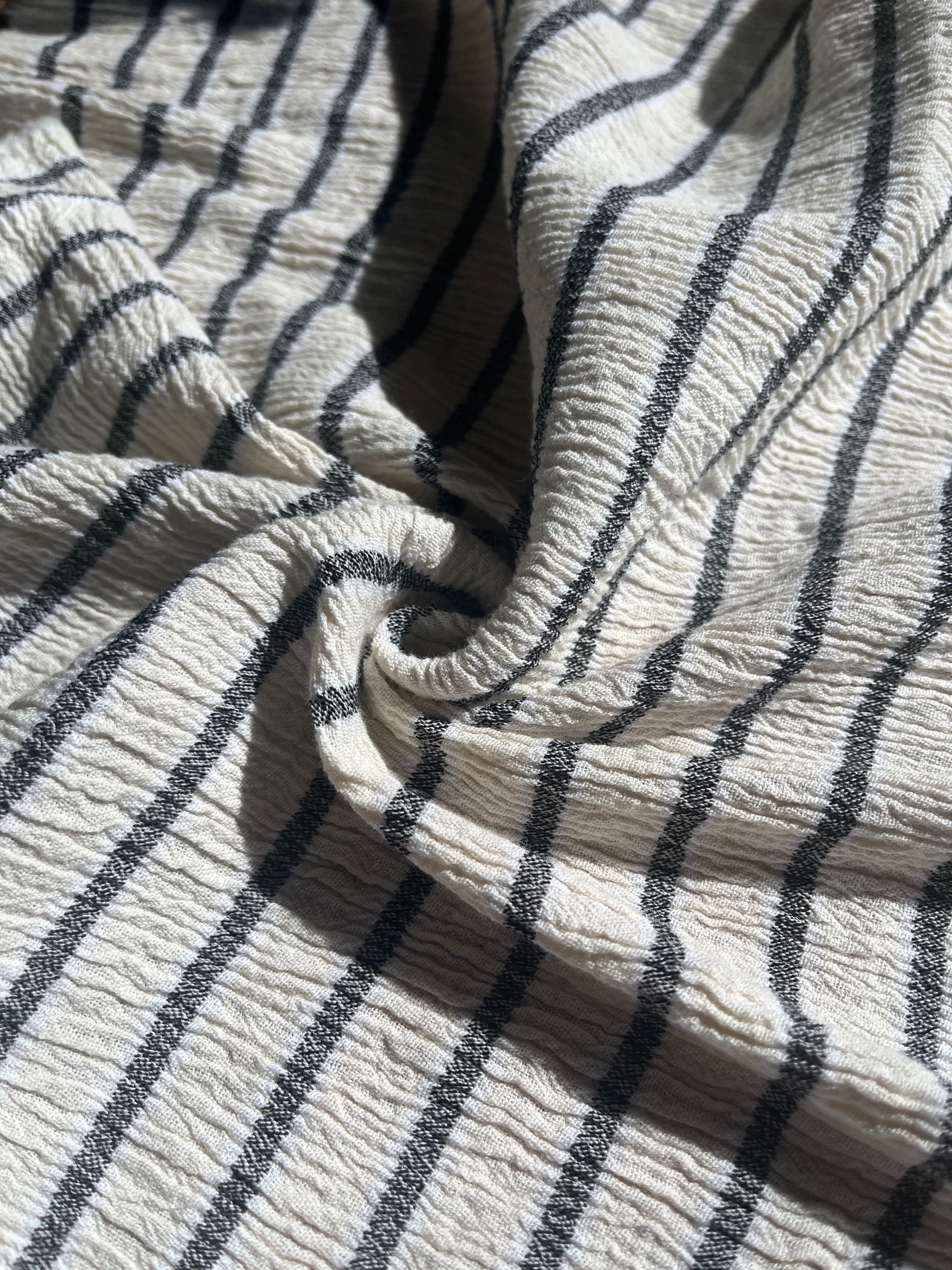 Unbleached Neutral Ivory Colour Black Striped Crinkle Gauze Fabric, Sile Cloth. Sile Fabric.