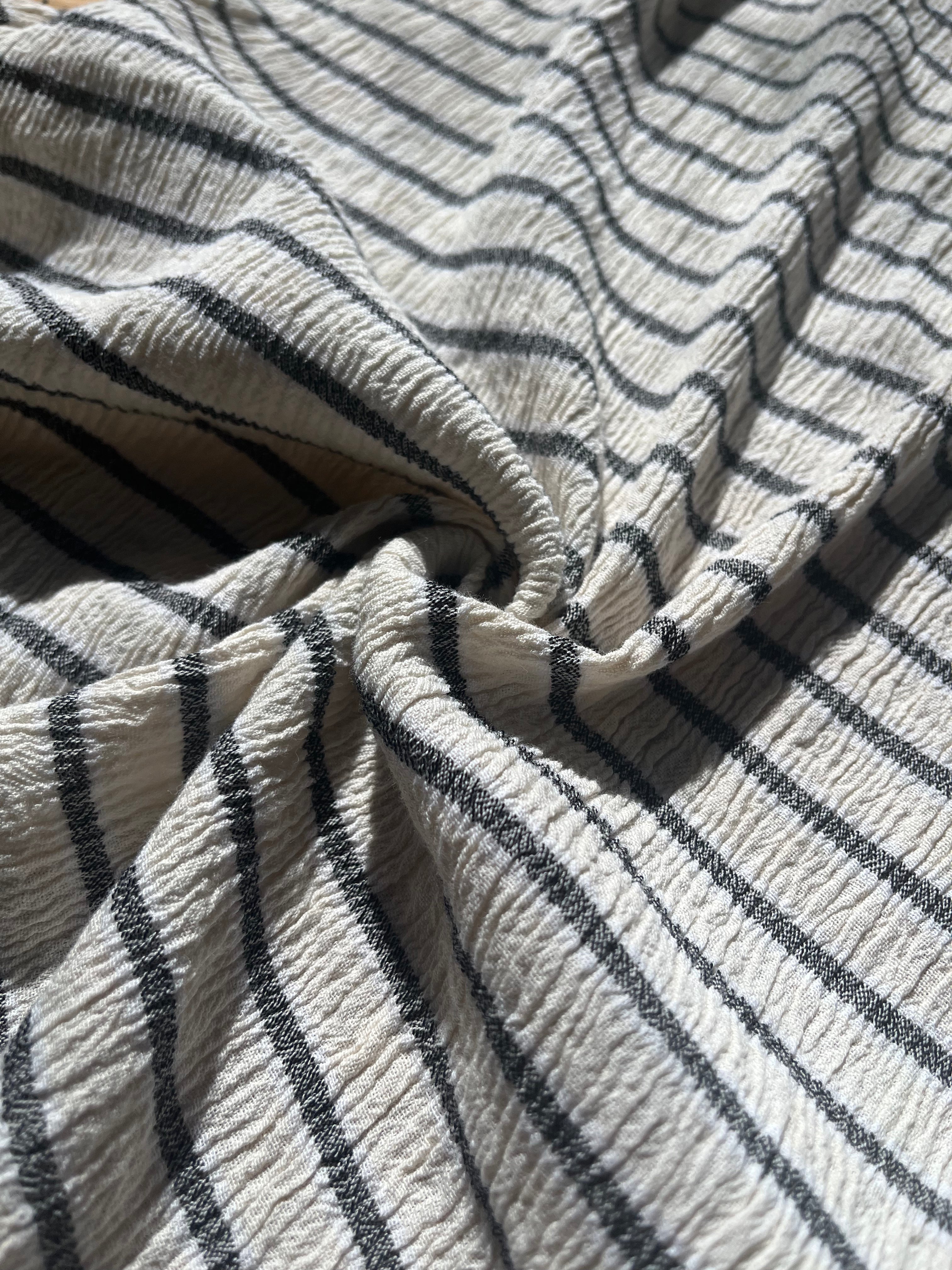 Unbleached Neutral Ivory Colour Black Striped Crinkle Gauze Fabric, Sile Cloth. Sile Fabric.