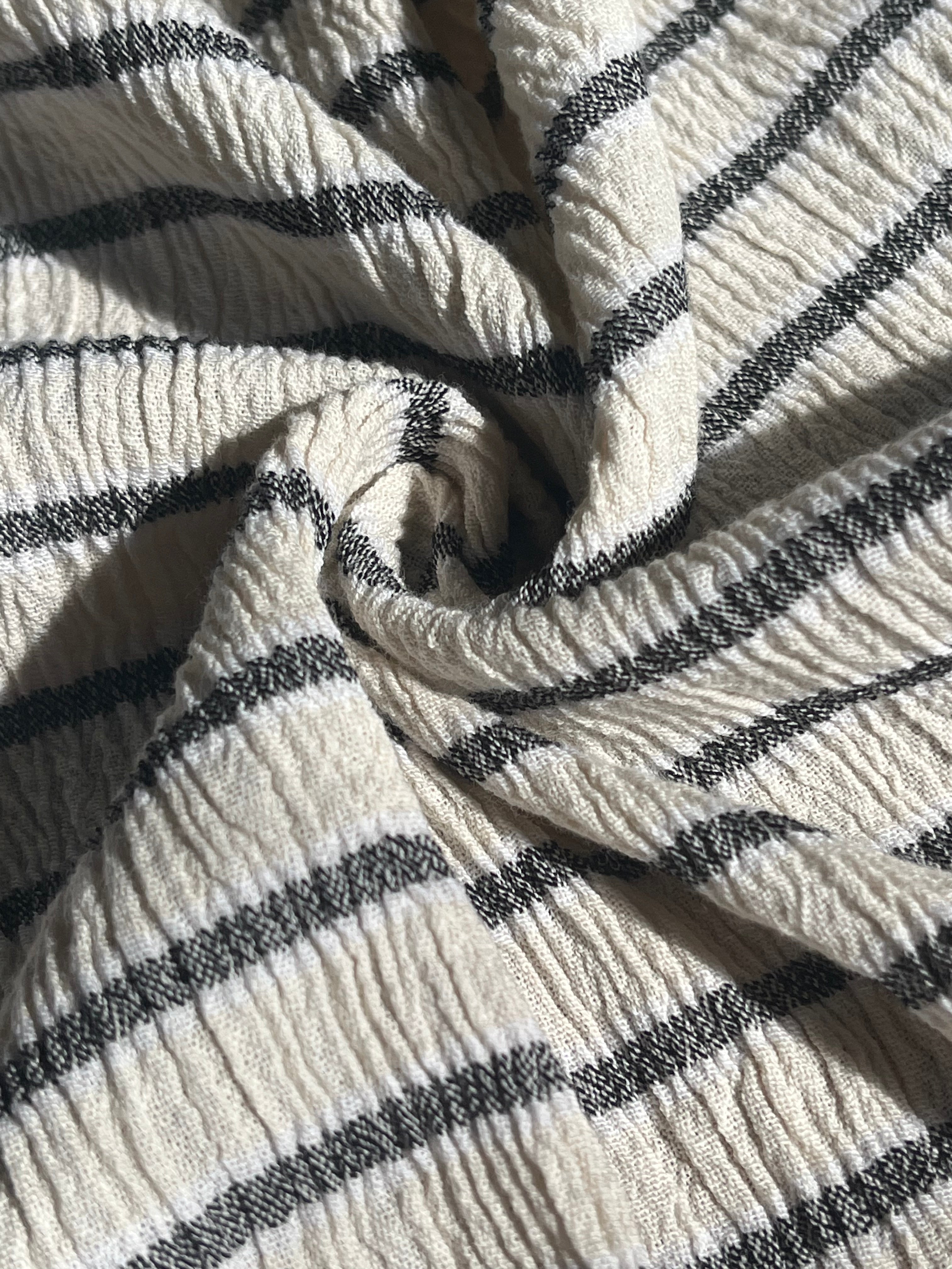 Unbleached Neutral Ivory Colour Black Striped Crinkle Gauze Fabric, Sile Cloth. Sile Fabric.