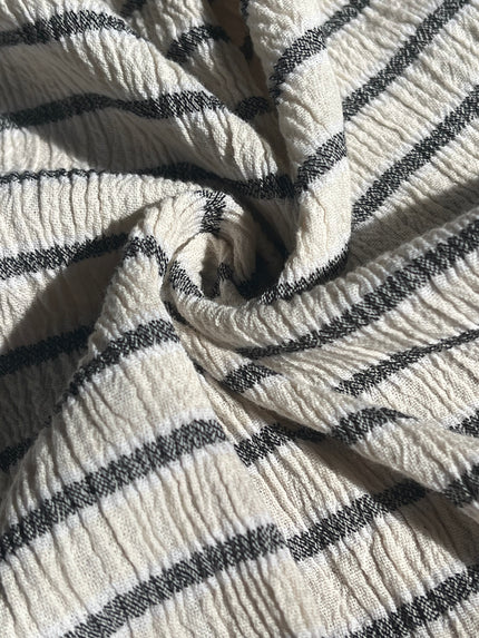 Unbleached Neutral Ivory Colour Black Striped Crinkle Gauze Fabric, Sile Cloth. Sile Fabric.