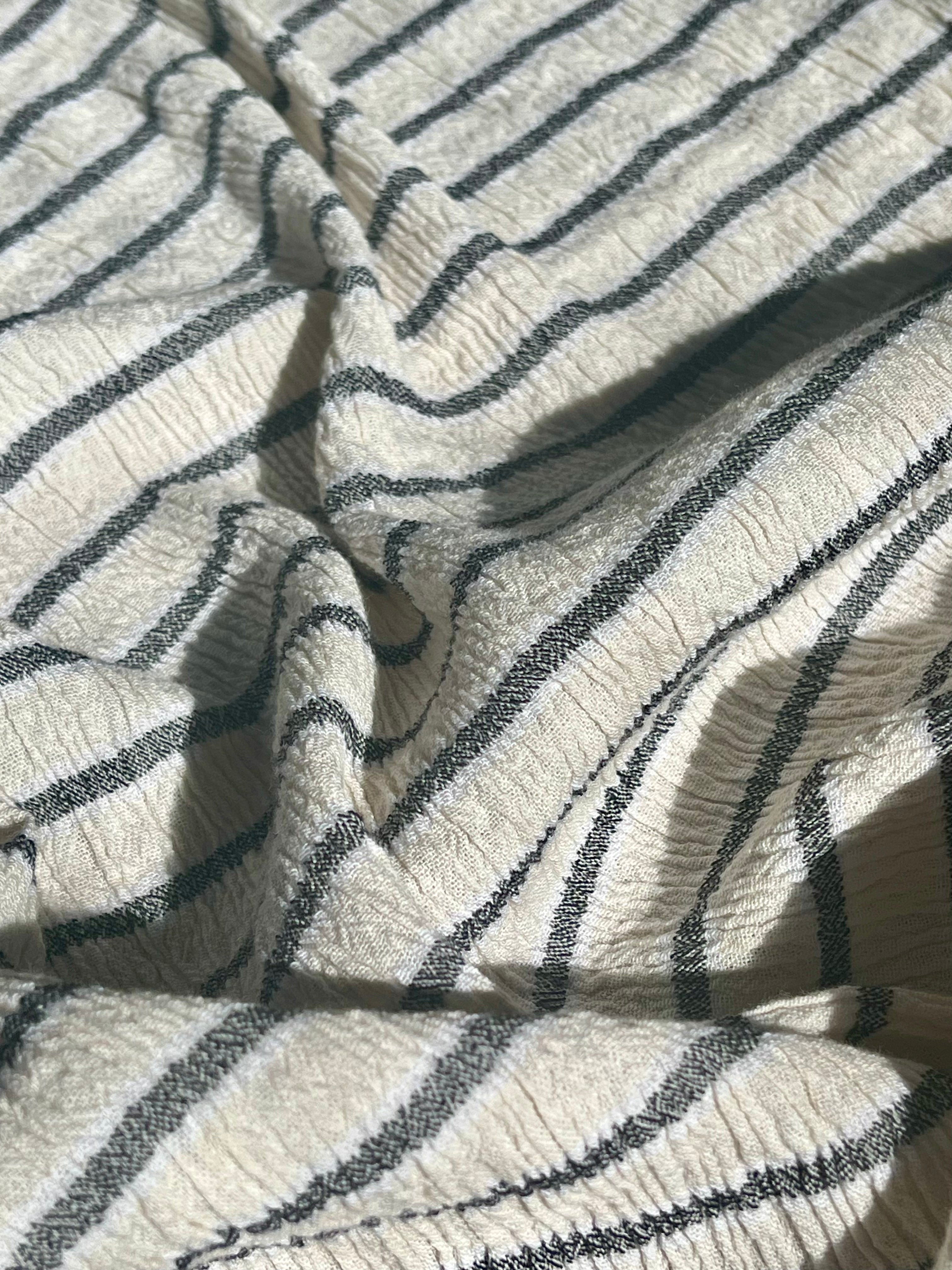 Unbleached Neutral Ivory Colour Black Striped Crinkle Gauze Fabric, Sile Cloth. Sile Fabric.