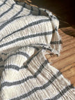 Unbleached Neutral Ivory Colour Black Striped Crinkle Gauze Fabric, Sile Cloth. Sile Fabric.