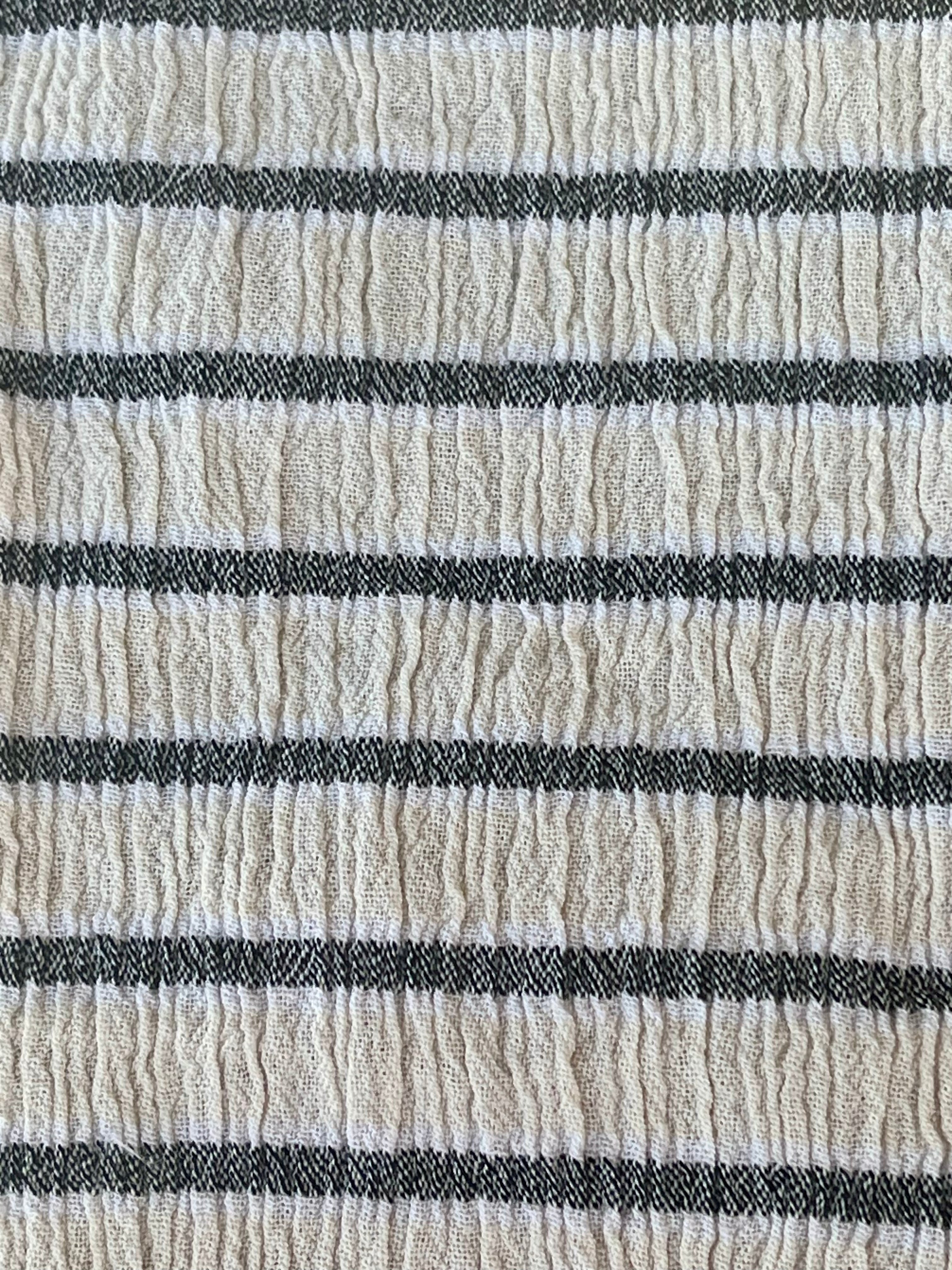 Unbleached Neutral Ivory Colour Black Striped Crinkle Gauze Fabric, Sile Cloth. Sile Fabric.