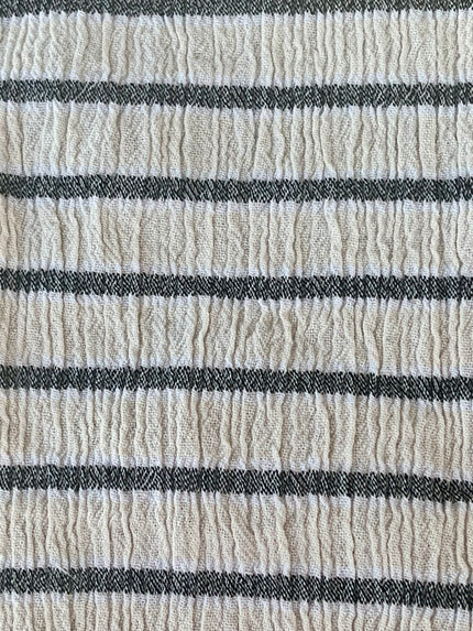 Unbleached Neutral Ivory Colour Black Striped Crinkle Gauze Fabric, Sile Cloth. Sile Fabric.
