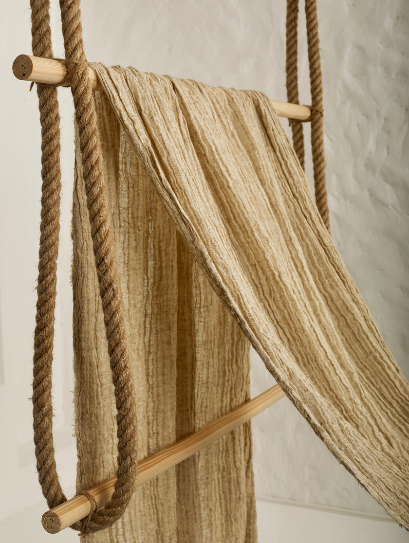 Neutral Stretchy Crinkle Linen Fabric, Textured Surface.